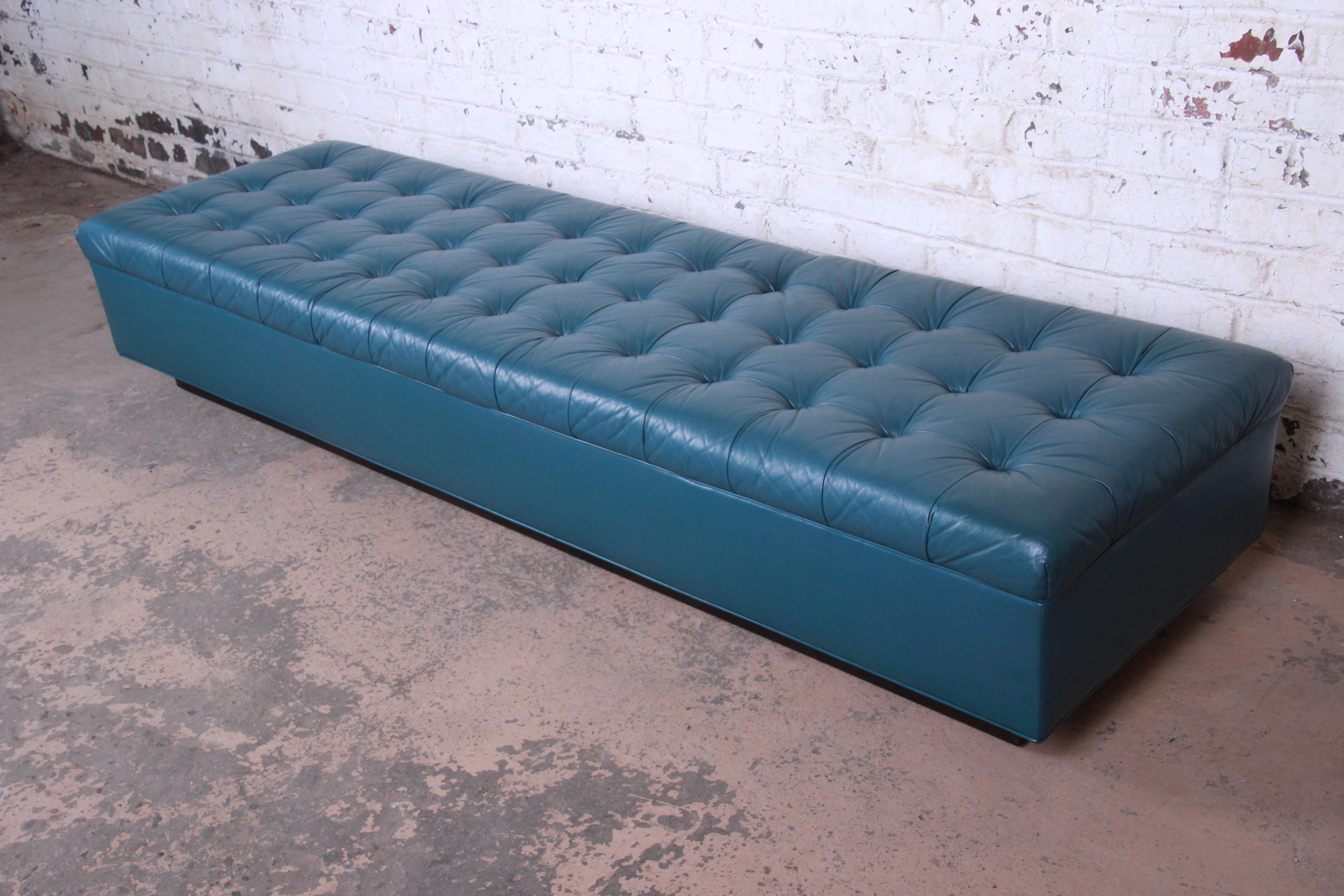American Edward Wormley for Dunbar Custom Tufted Blue Leather Long Benches, Two Available