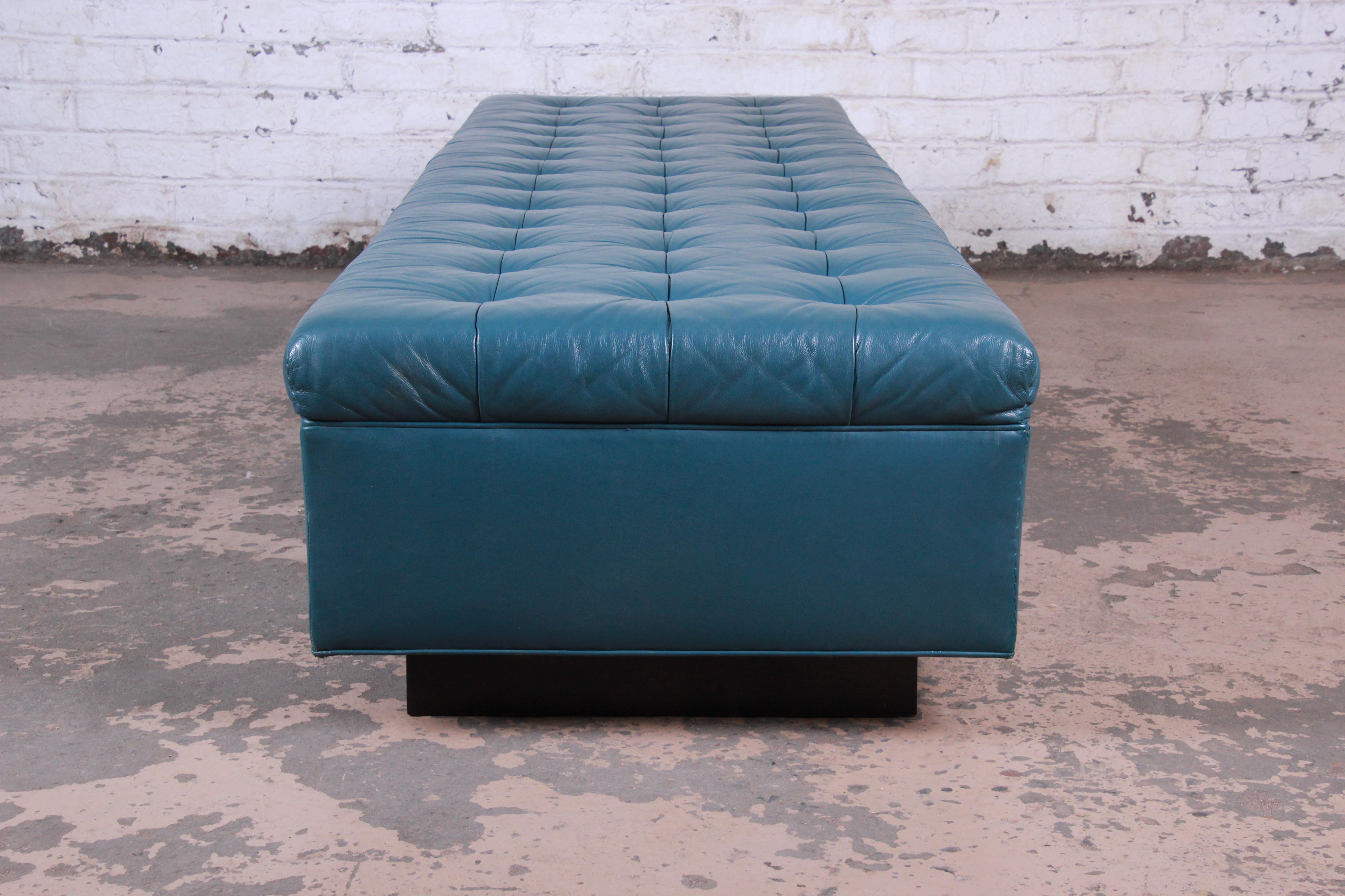 Edward Wormley for Dunbar Custom Tufted Blue Leather Long Benches, Two Available 1