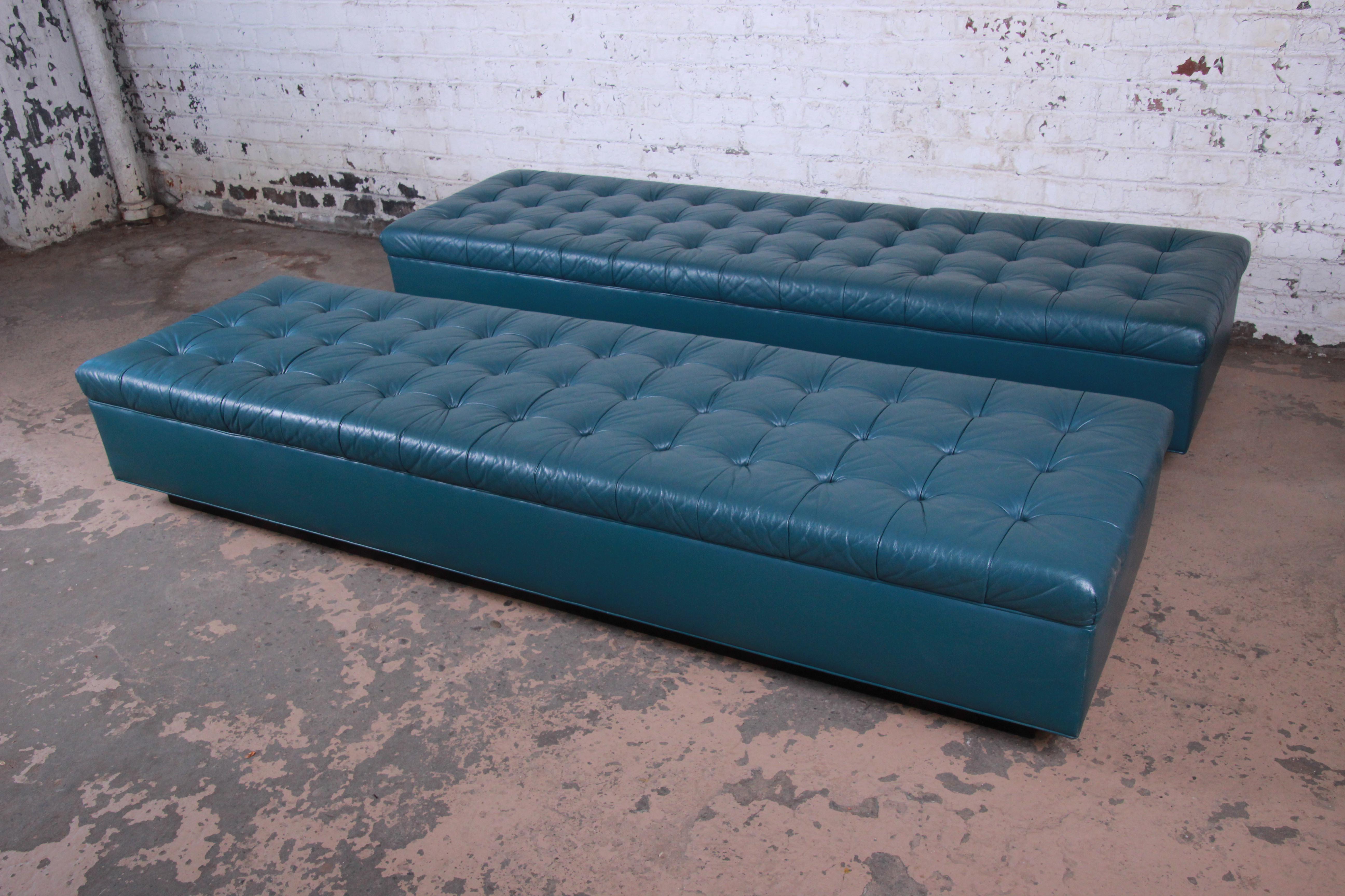 Edward Wormley for Dunbar Custom Tufted Blue Leather Long Benches, Two Available 2