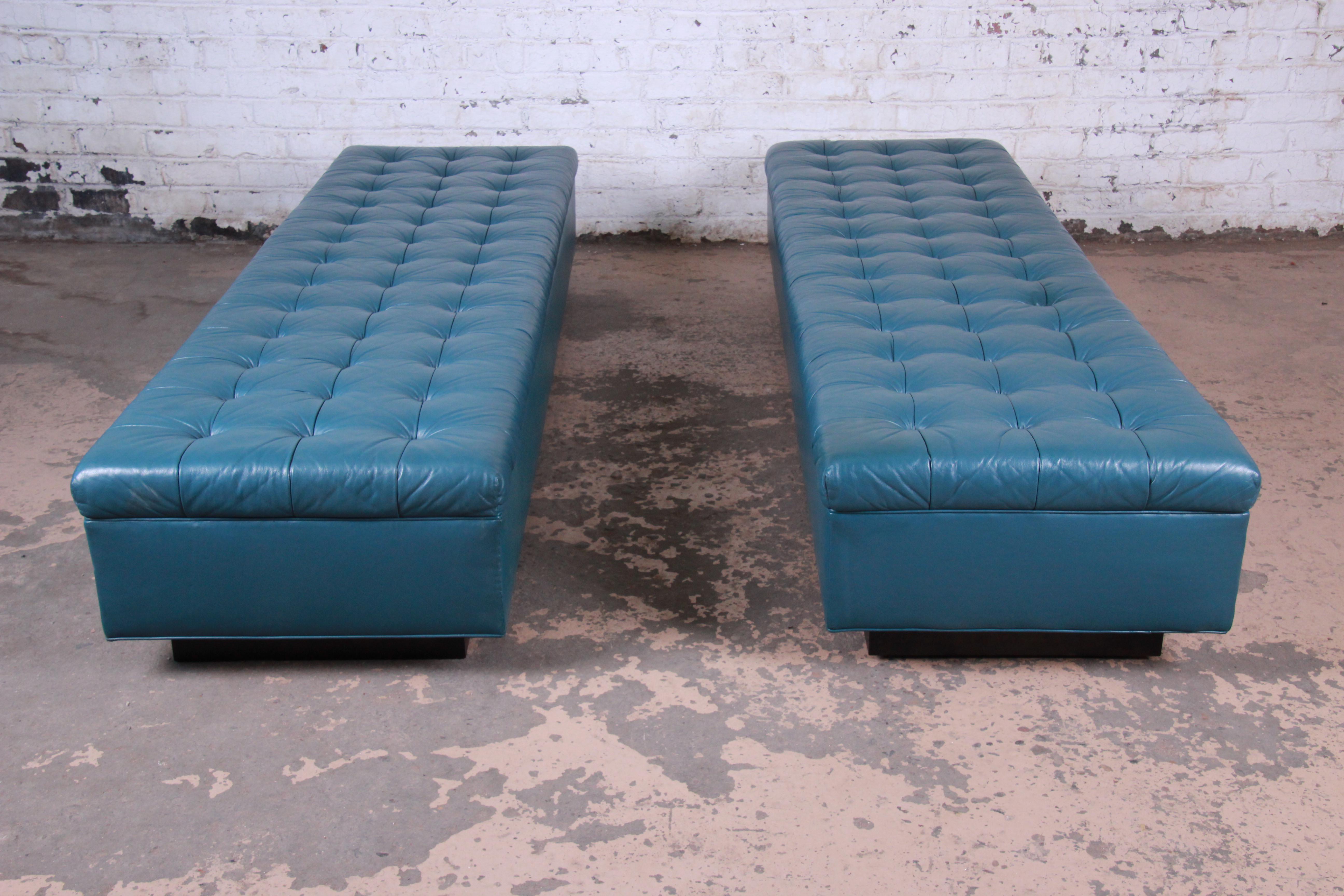 Edward Wormley for Dunbar Custom Tufted Blue Leather Long Benches, Two Available 3