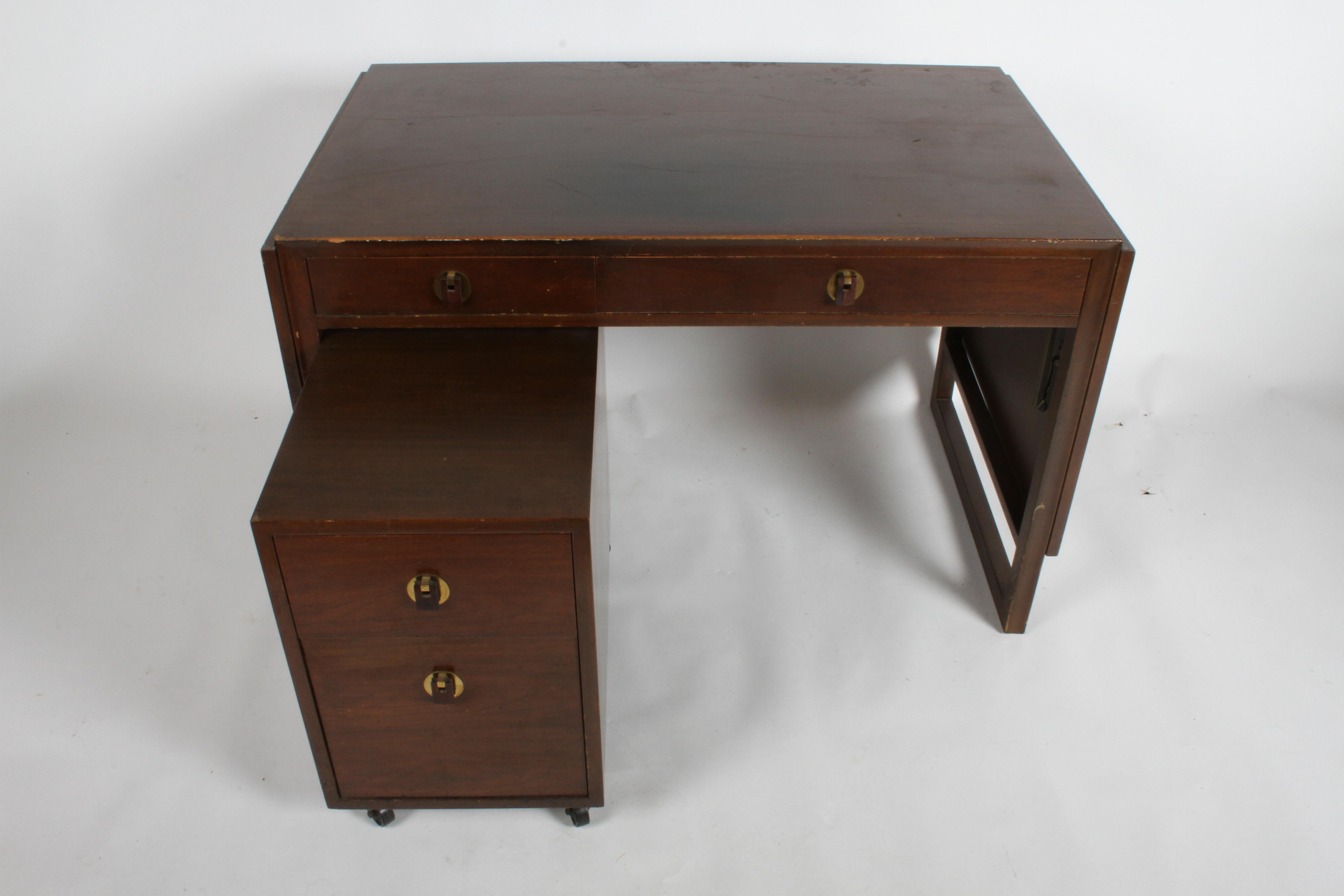 Brass Edward Wormley for Dunbar Desk with Drop Leaves and File Cabinet in Dark Finish For Sale