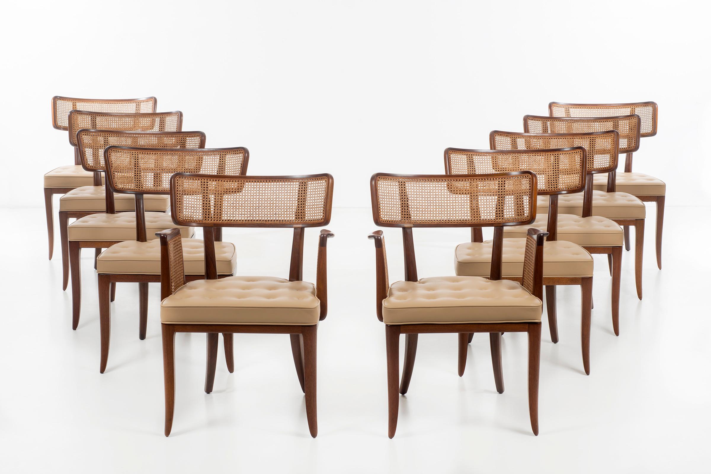 Rare large set of 10 Wormley for Dunbar, caneback dining chairs model no. 4580
8 side chairs and 2 armchairs.
Ergonomically enhanced back, spayed front legs and saber curved back legs, solid mahogany wood, professionally restored, reupholstered in
