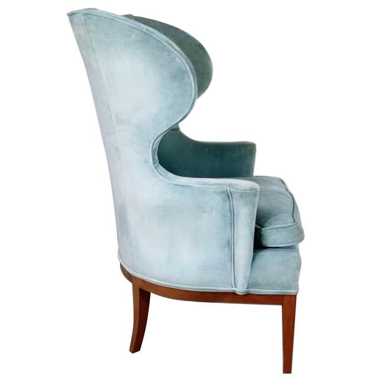 Edward Wormley for Dunbar Early Wingback Armchair Ice Blue Velvet Mahogany Base