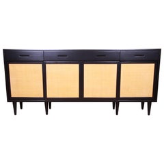 Edward Wormley for Dunbar Ebonized Walnut and Grass Cloth Sideboard, Restored