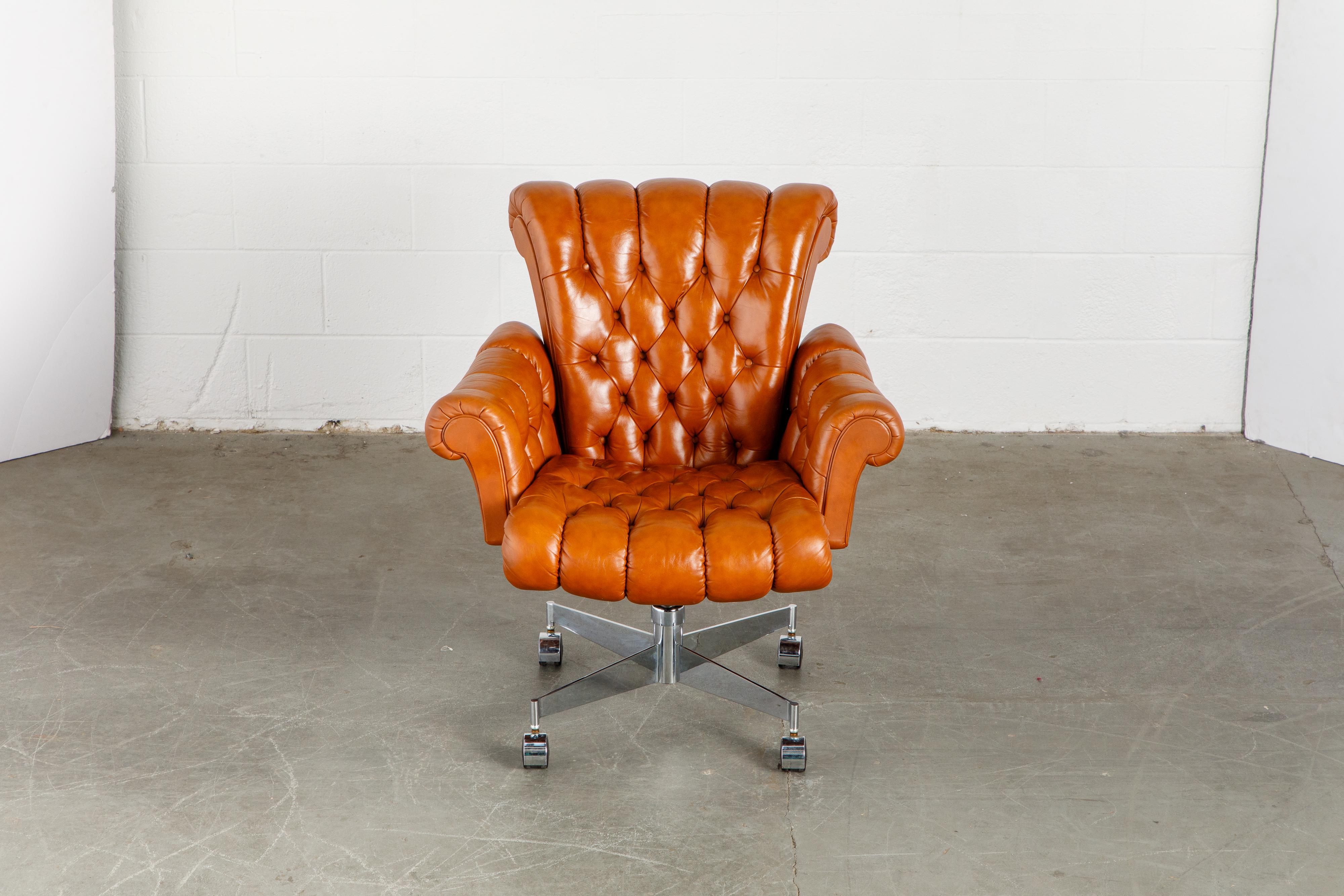 Mid-Century Modern Edward Wormley for Dunbar Executive Tufted Leather Desk Chair, c. 1960, Signed