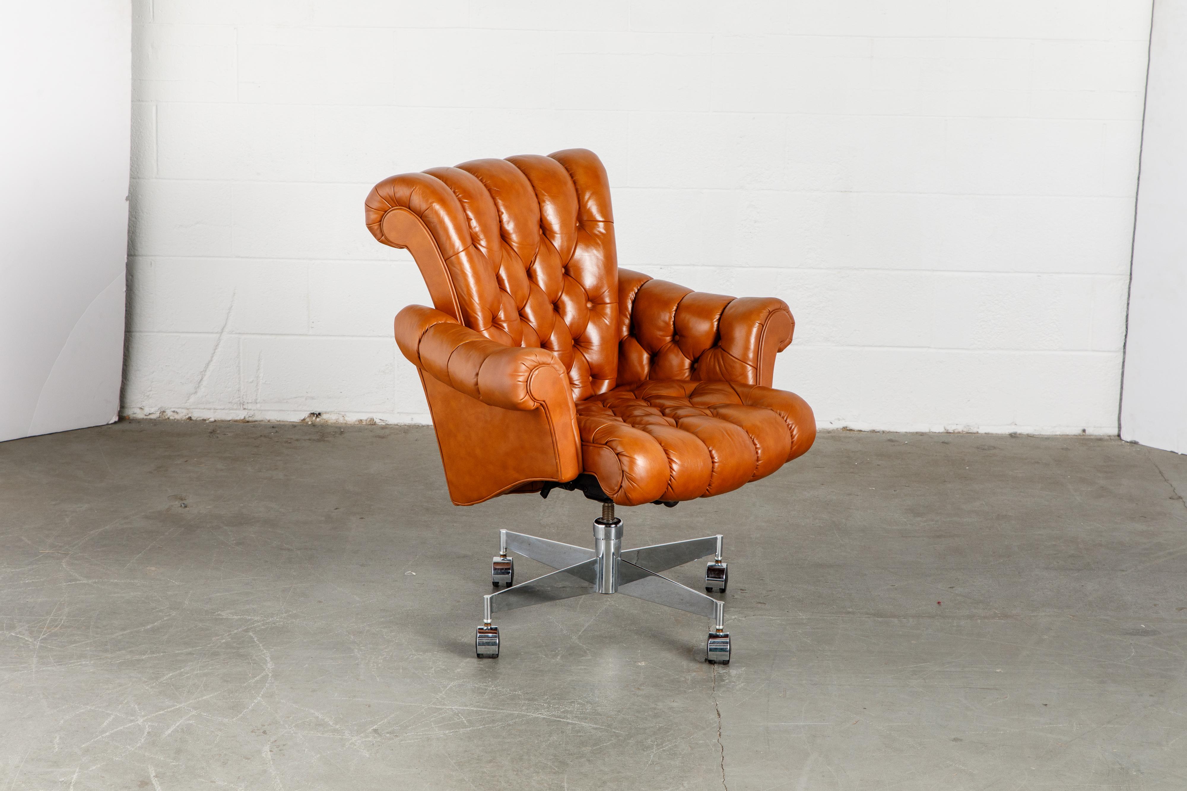Edward Wormley for Dunbar Executive Tufted Leather Desk Chair, c. 1960, Signed In Excellent Condition In Los Angeles, CA