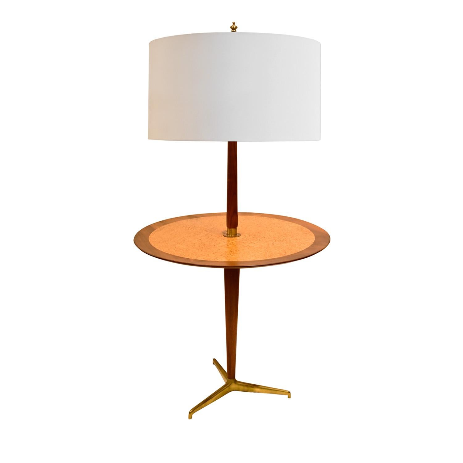 Floor lamp model 5410 with incorporated table in walnut with book-matched Carpathian elm and solid brass base by Edward Wormley for Dunbar, 1954 (signed “Dunbar Berne Indiana” on label on bottom).  This iconic floor lamp is beautifully made in fine