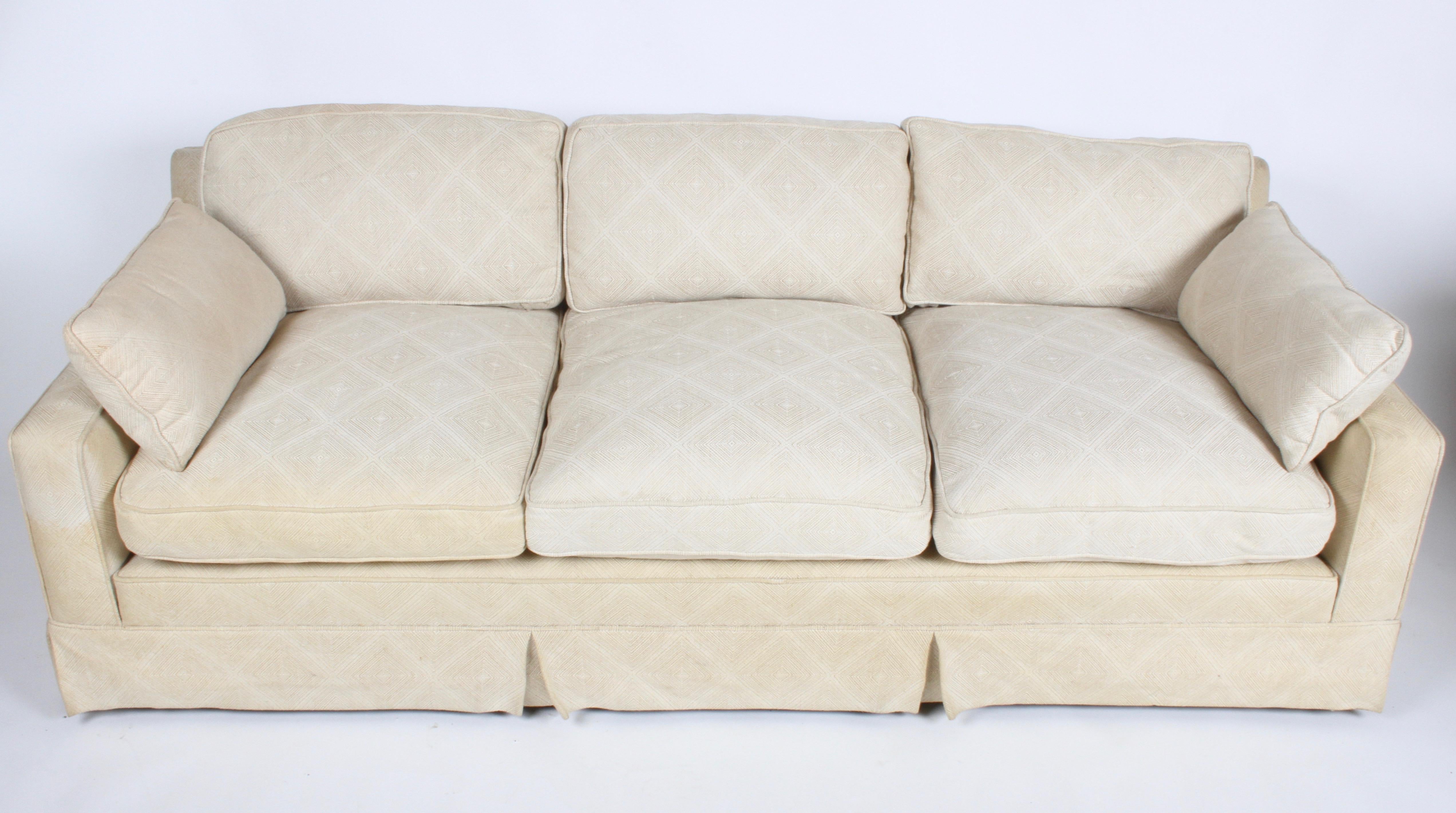 Edward Wormley for Dunbar formal, classic and elegant sofa with down filled cushions. Sofa has been reupholstered at some point, so it’s missing the label and is in need of re-upholstery. Guaranteed to be Dunbar, came from a house full of Dunbar.