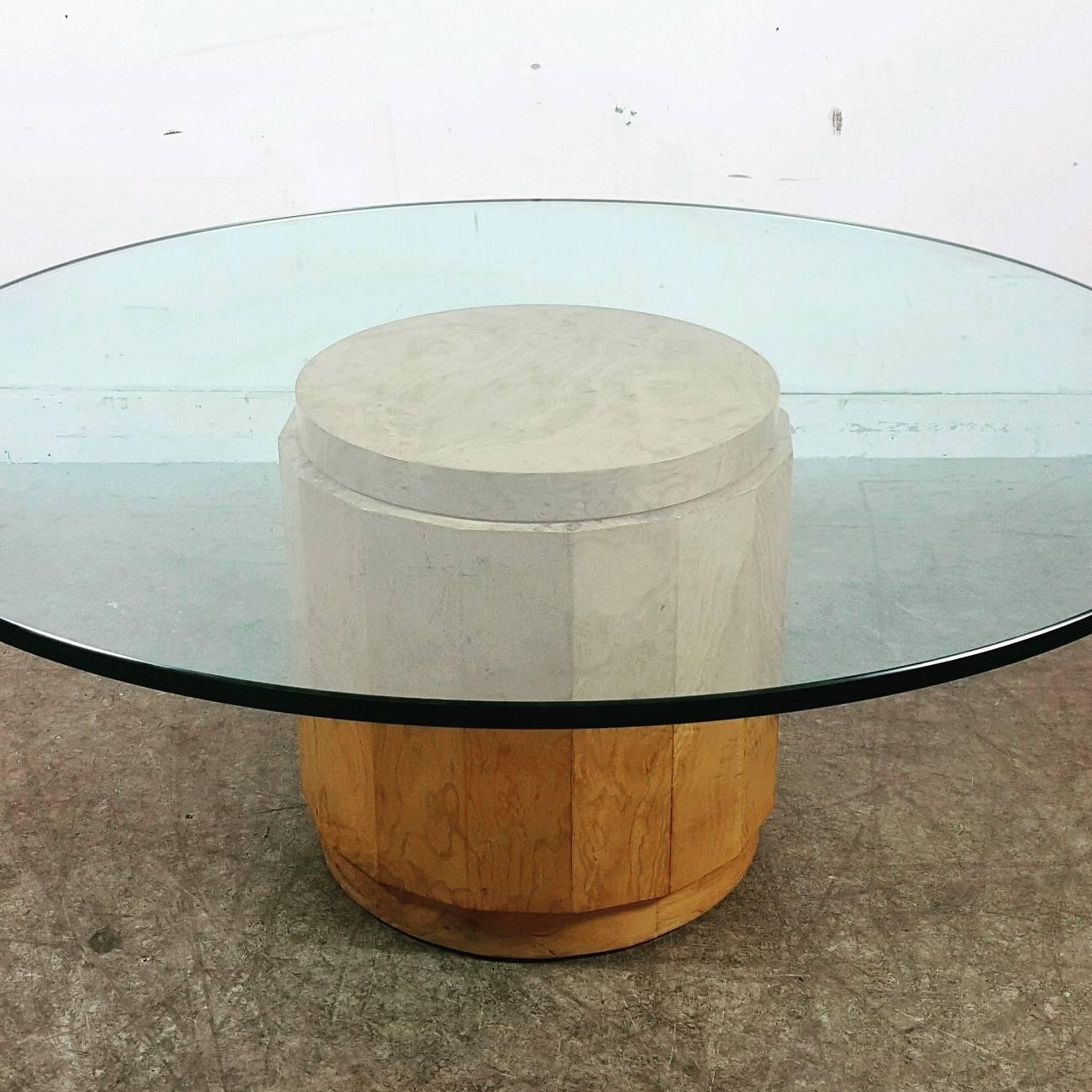 Edward Wormley glass and burl cocktail table, retains original large 