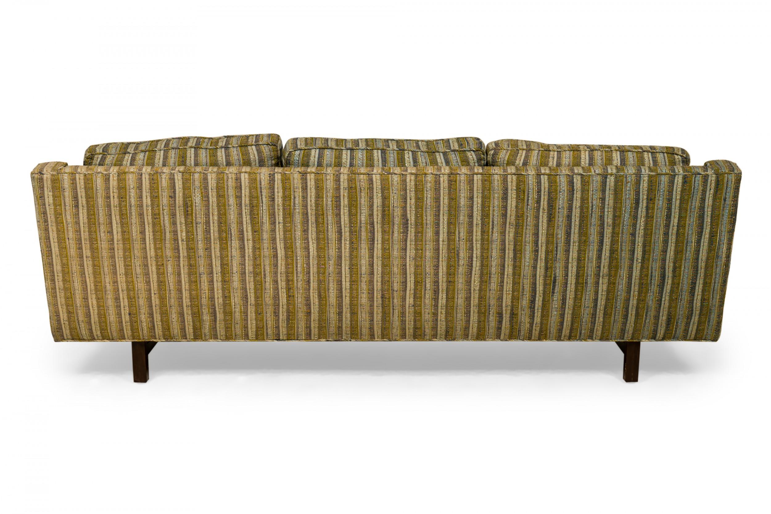 American Edward Wormley for Dunbar Green and Beige Striped Upholstered Three-Seat Sofa For Sale