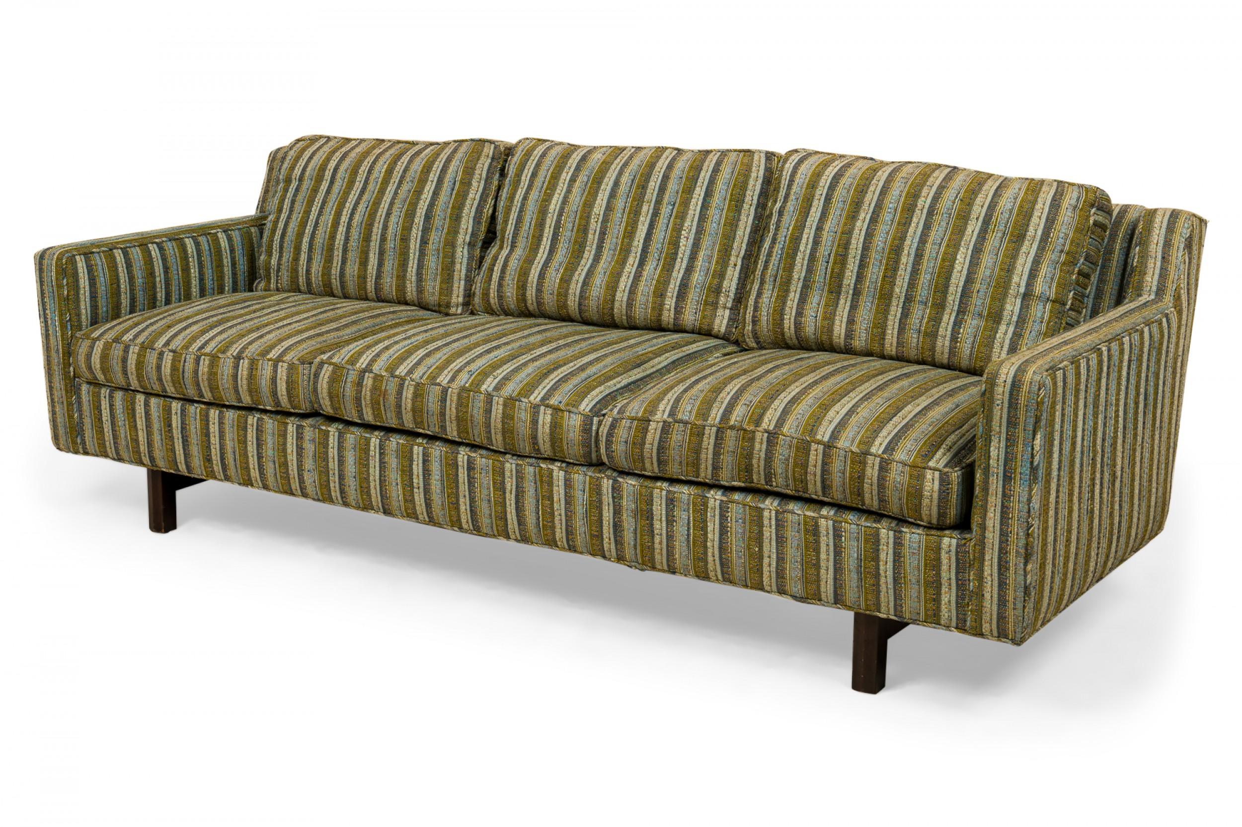 Edward Wormley for Dunbar Green and Beige Striped Upholstered Three-Seat Sofa In Good Condition For Sale In New York, NY