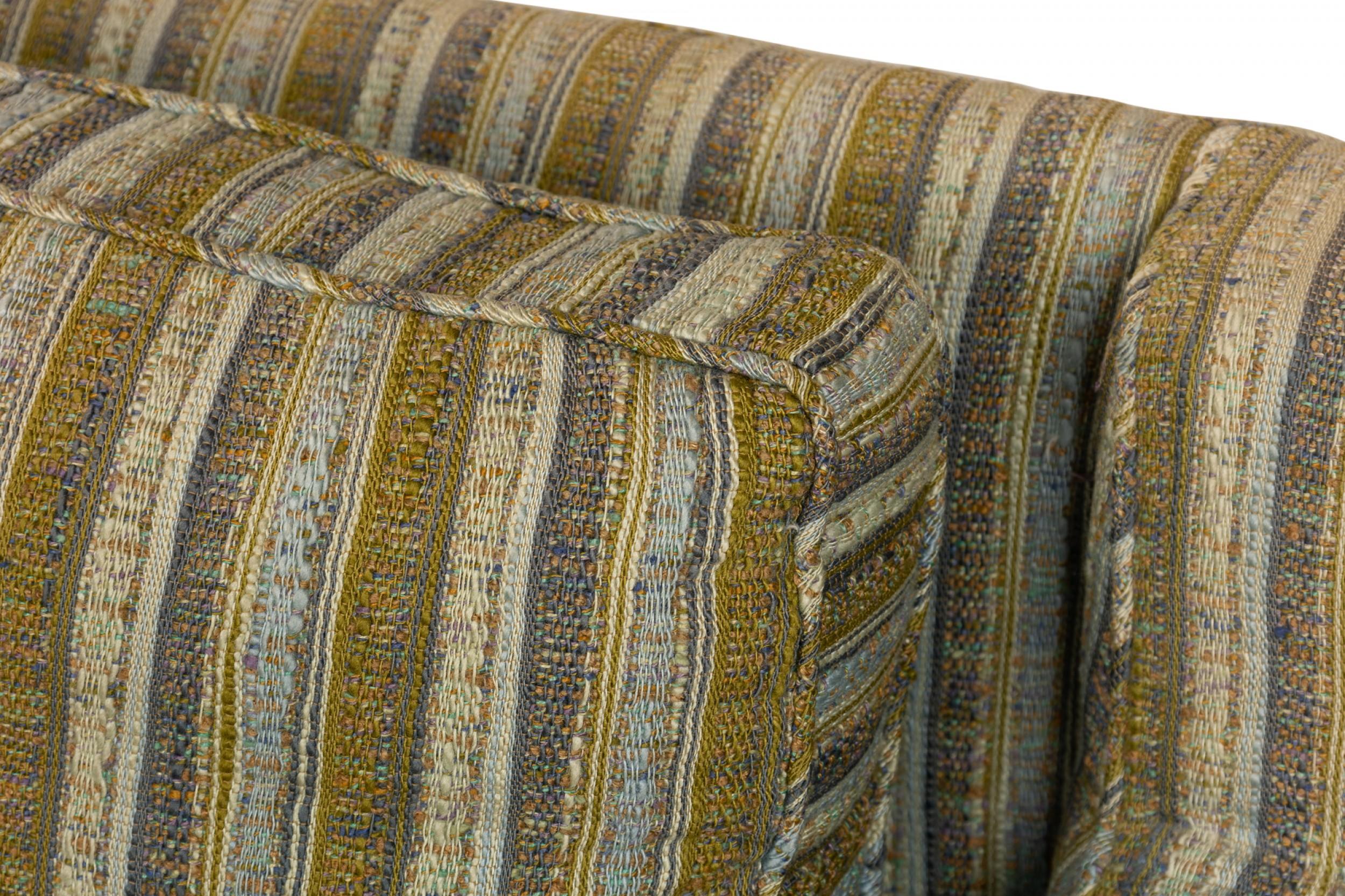 Fabric Edward Wormley for Dunbar Green and Beige Striped Upholstered Three-Seat Sofa For Sale