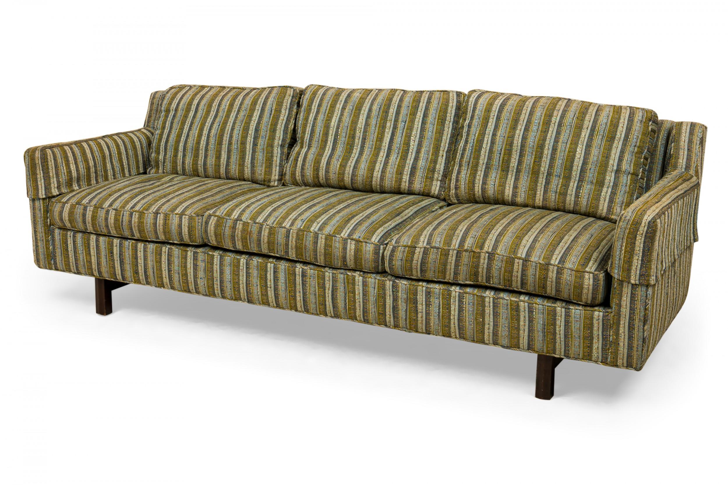 Edward Wormley for Dunbar Green and Beige Striped Upholstered Three-Seat Sofa For Sale