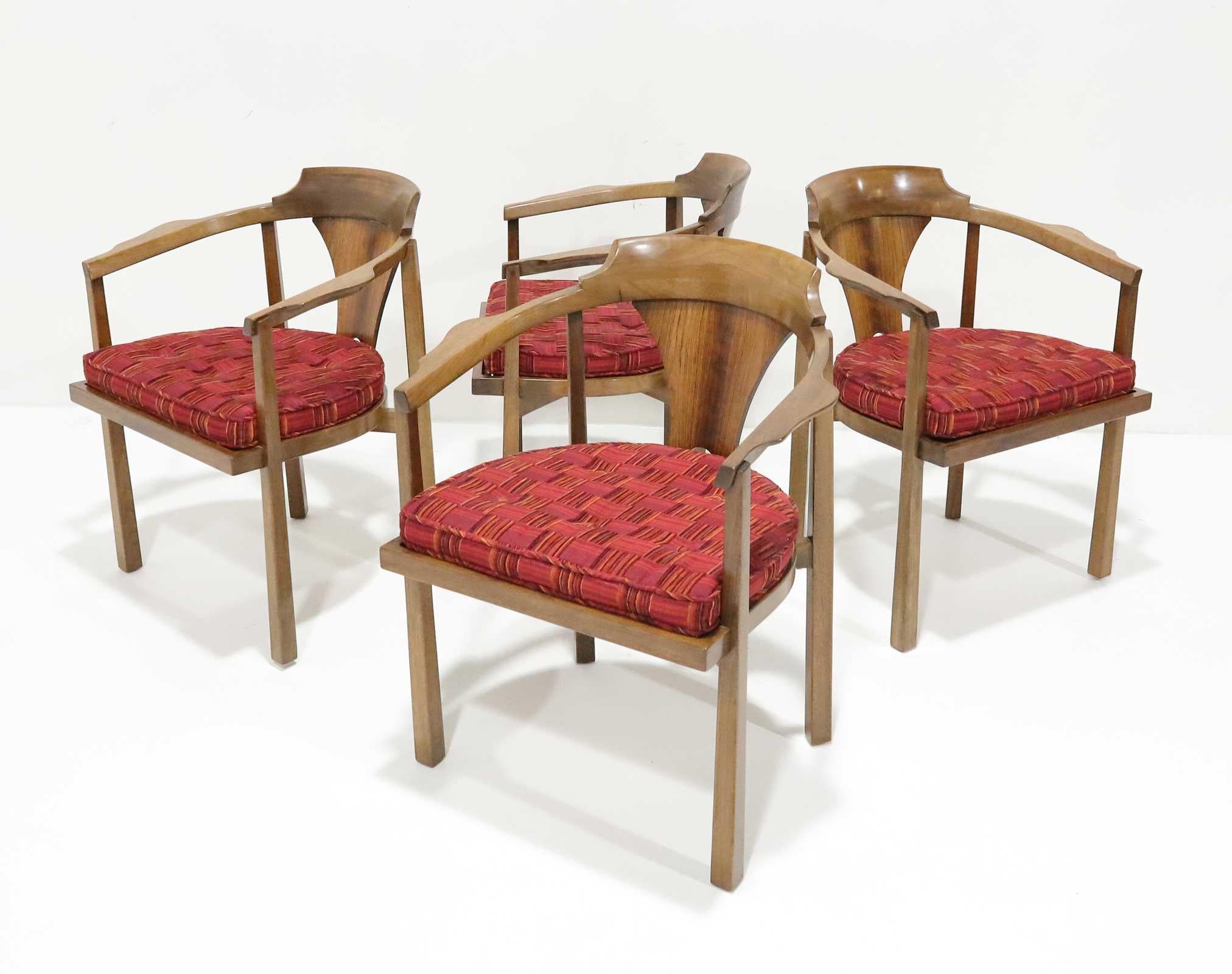 This is such a beautiful dining chair with exquisite craftsmanship and detail. The iconic Dunbar Horseshoe chair by Edward Wormley will grace any table in either a modern or traditional setting. These appear to contain the original upholstery. 
