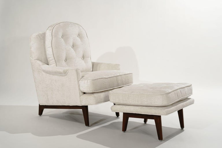 Historic set of lounge chair and ottoman designed by Edward Wormley for Dunbar, circa 1950-1959. Completely restored, reupholstered in embossed velvet by Holly Hunt. Walnut refinished in medium walnut.
 
Other designers from this period include
