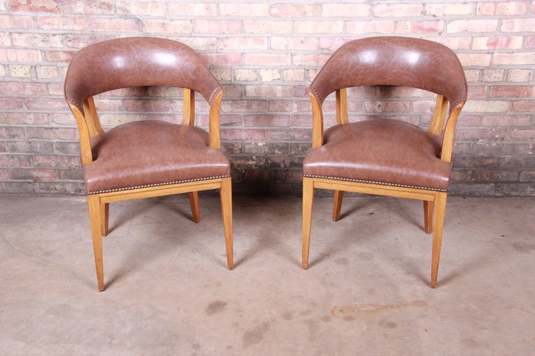 Mid-Century Modern Edward Wormley for Dunbar Janus Collection Leather and Mahogany Armchairs, Pair For Sale