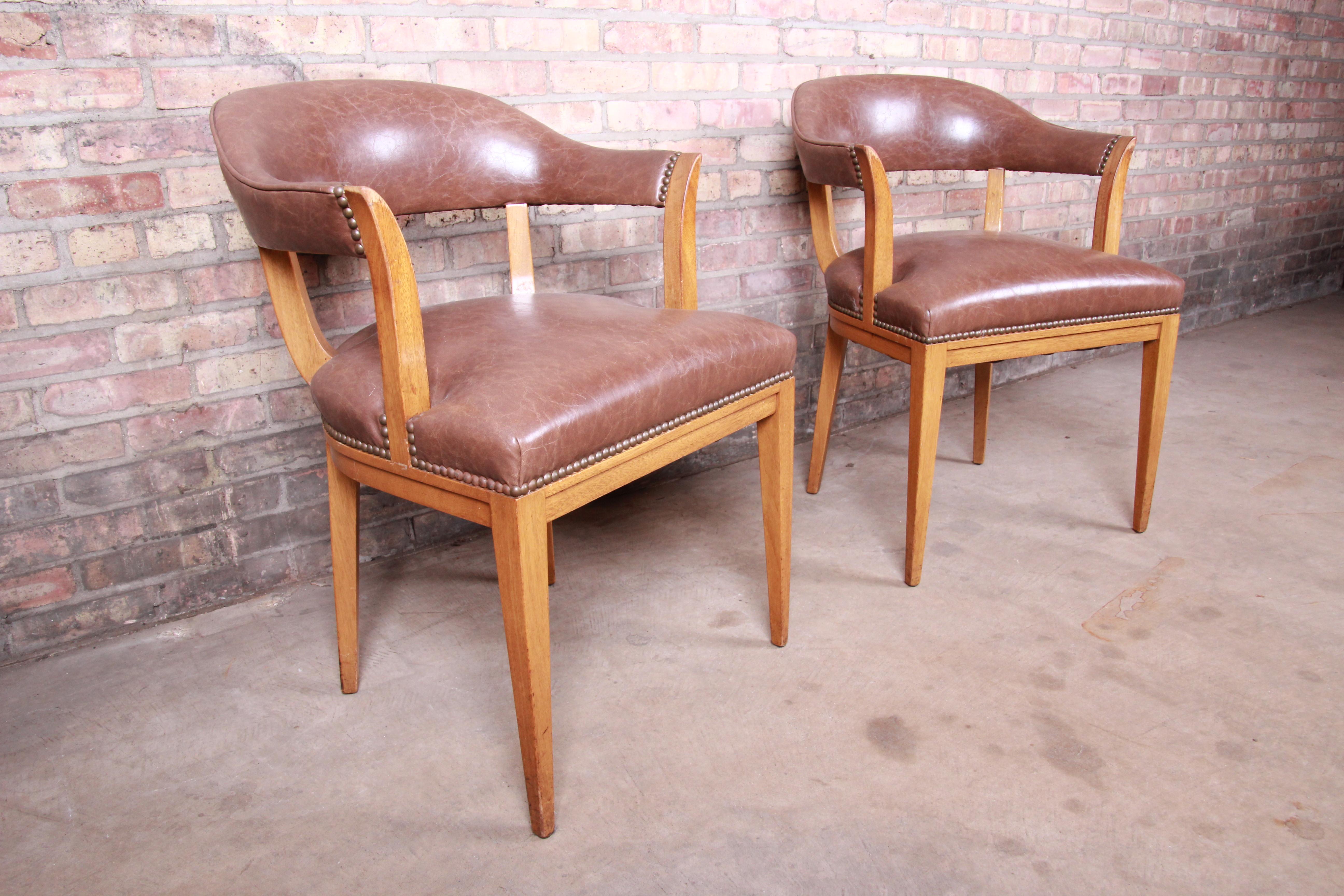 American Edward Wormley for Dunbar Janus Collection Leather and Mahogany Armchairs, Pair