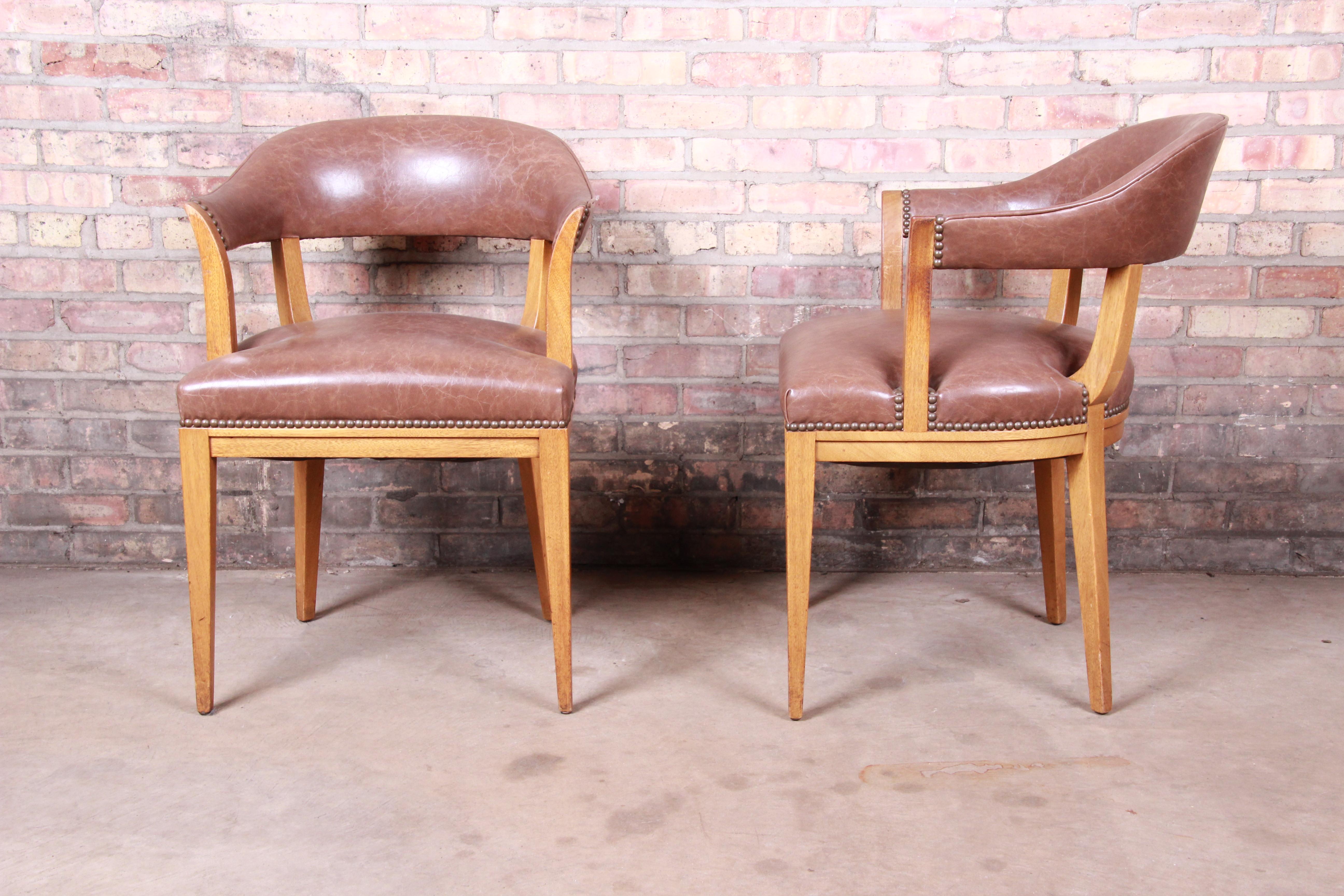 Edward Wormley for Dunbar Janus Collection Leather and Mahogany Armchairs, Pair In Good Condition In South Bend, IN