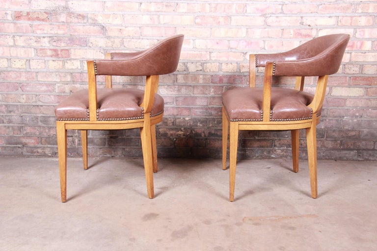 Mid-20th Century Edward Wormley for Dunbar Janus Collection Leather and Mahogany Armchairs, Pair For Sale
