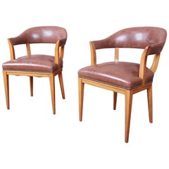 Edward Wormley for Dunbar Janus Collection Leather and Mahogany Armchairs, Pair
