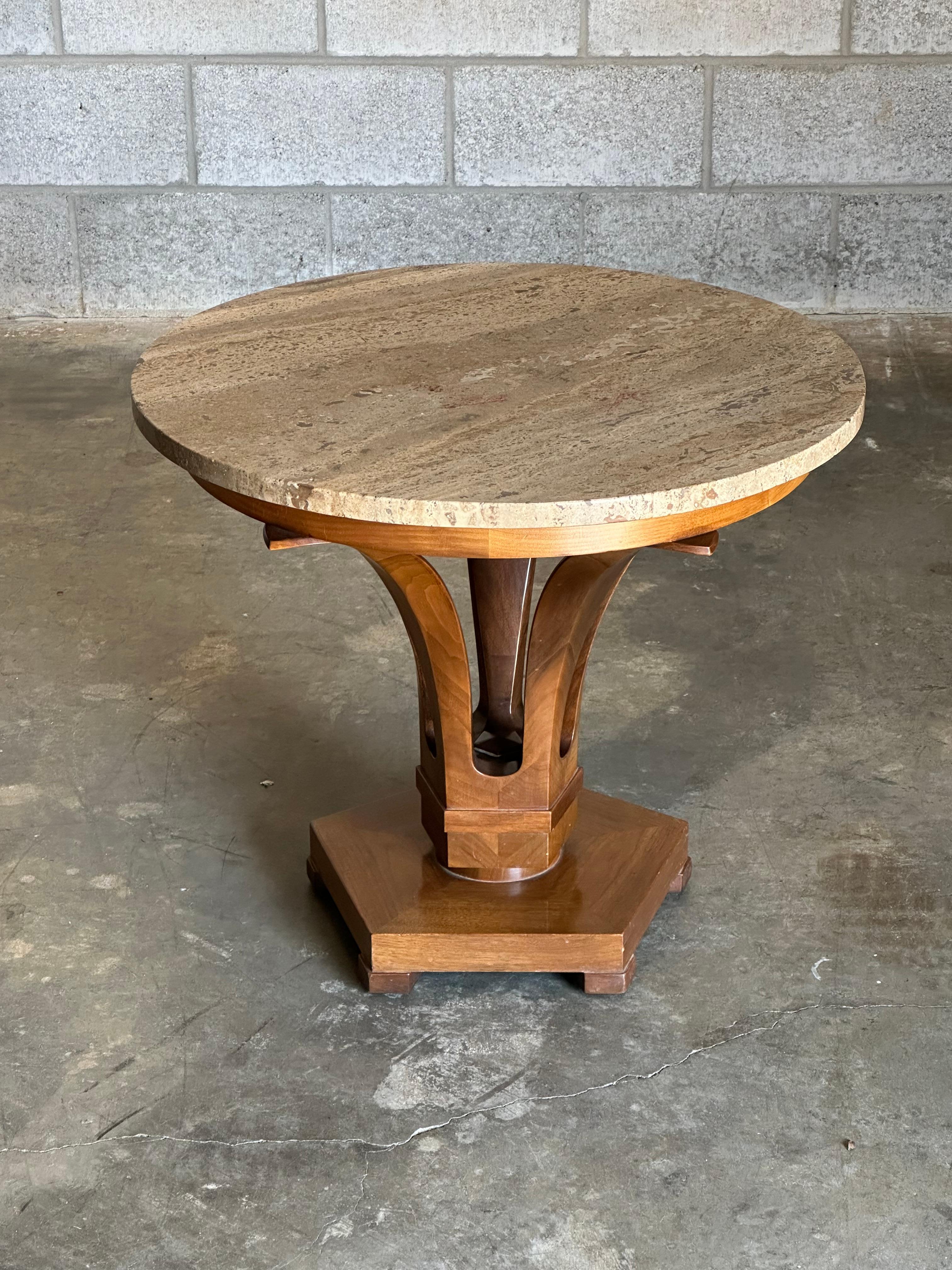 Mid-Century Modern Edward Wormley for Dunbar Large Tulip End/ Side Table in Travertine and Walnut For Sale