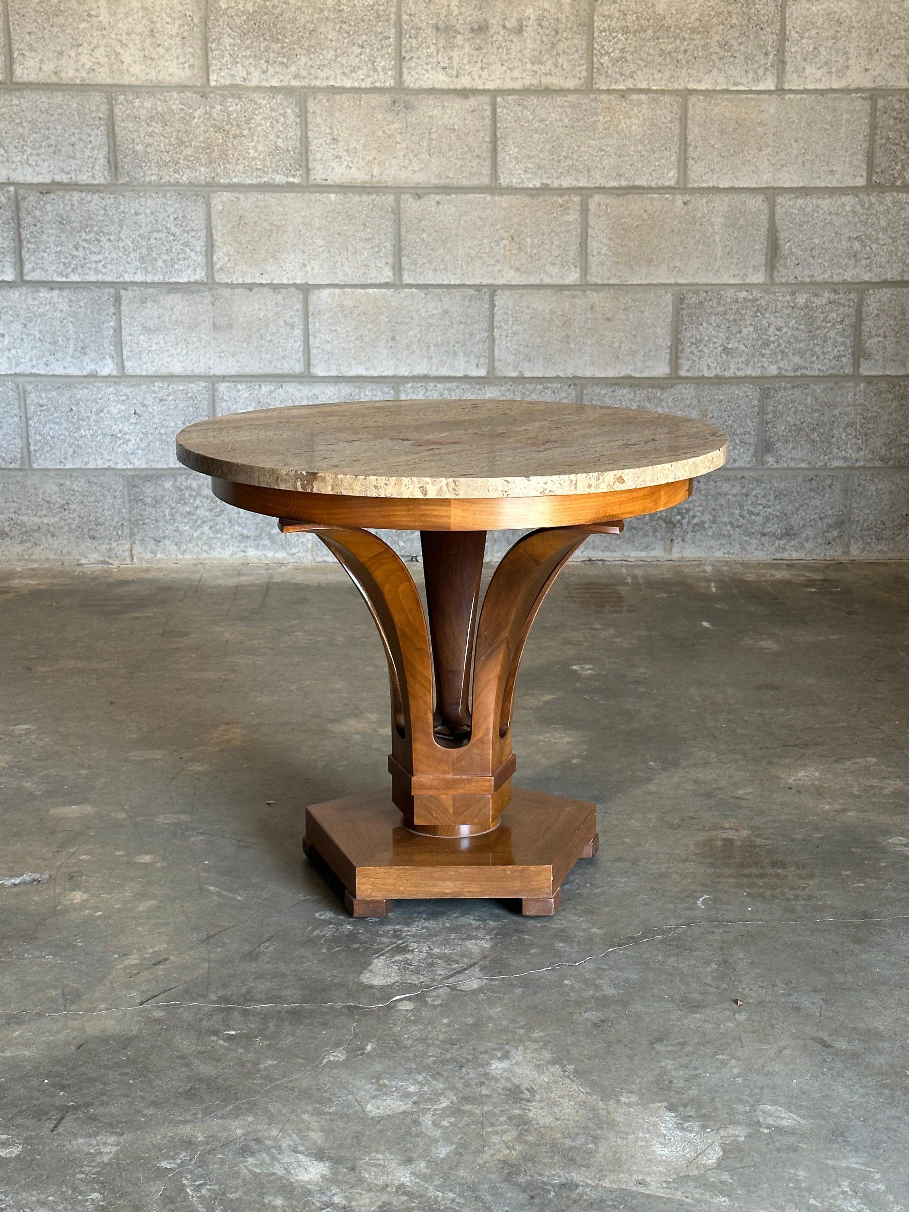 American Edward Wormley for Dunbar Large Tulip End/ Side Table in Travertine and Walnut For Sale