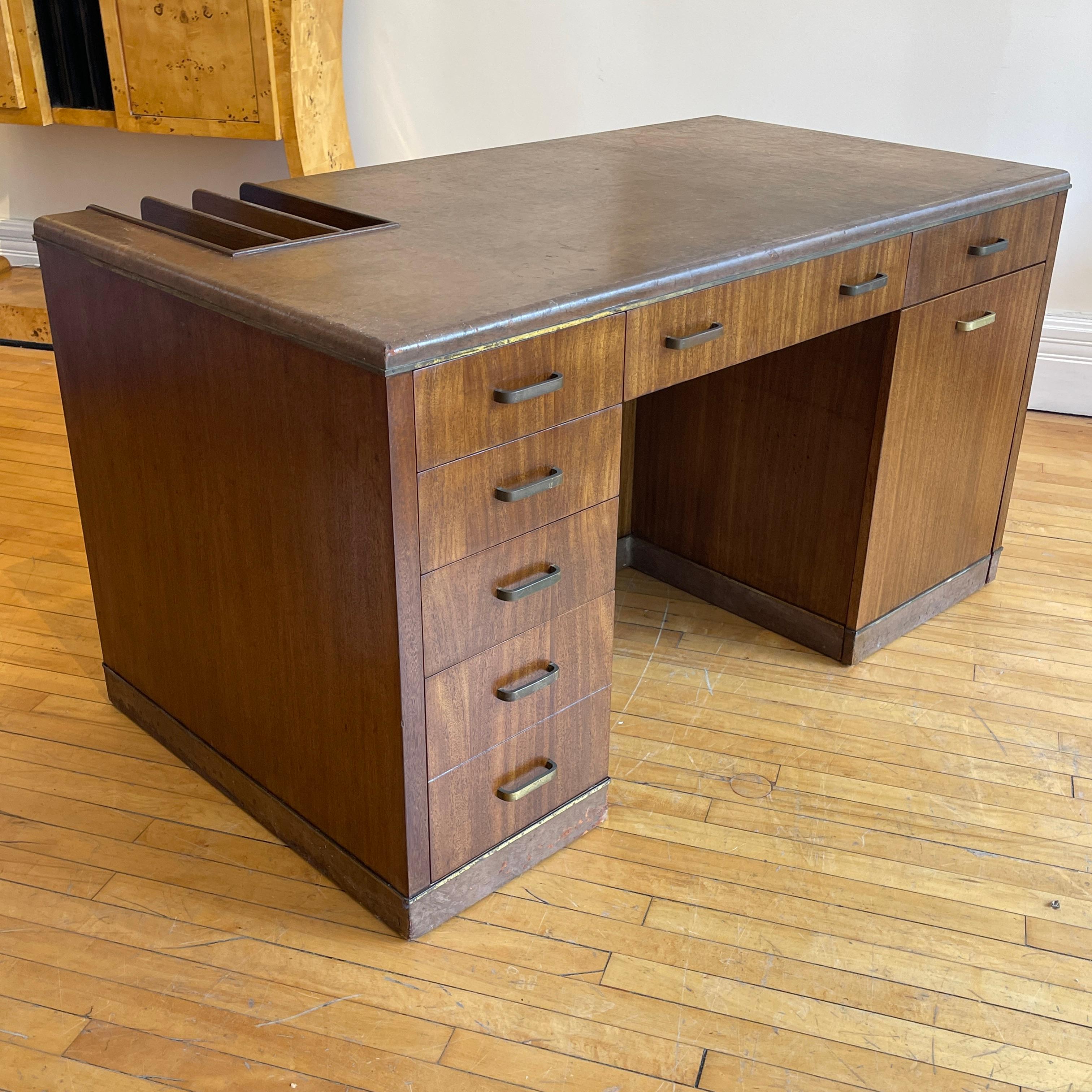 Mid-Century Modern Edward Wormley for Dunbar Leather Desk W. Convertible Credenza & Hidden Storage