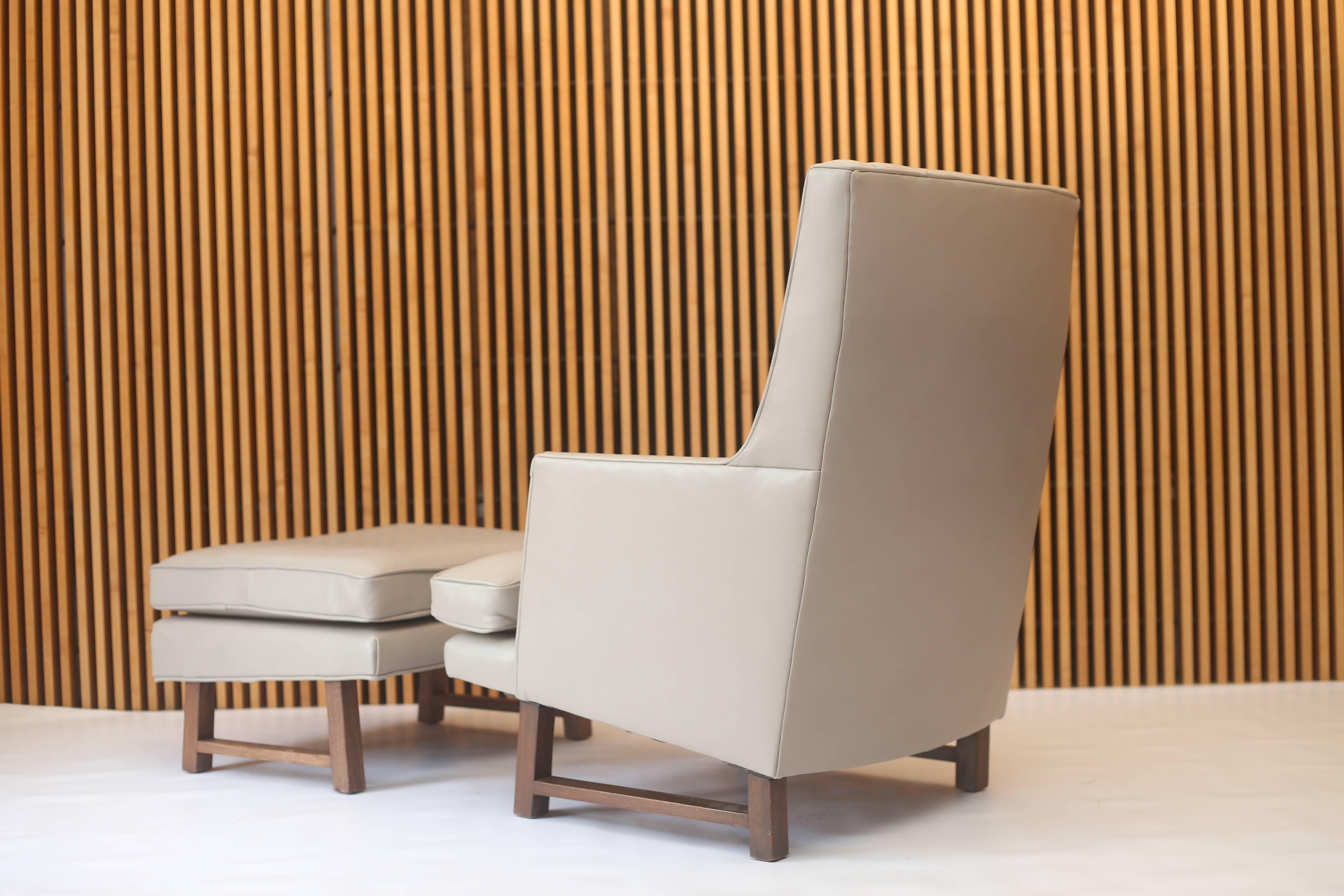 Mid-Century Modern Edward Wormley for Dunbar Leather High Back Lounge Chair & Ottoman Model No. 400