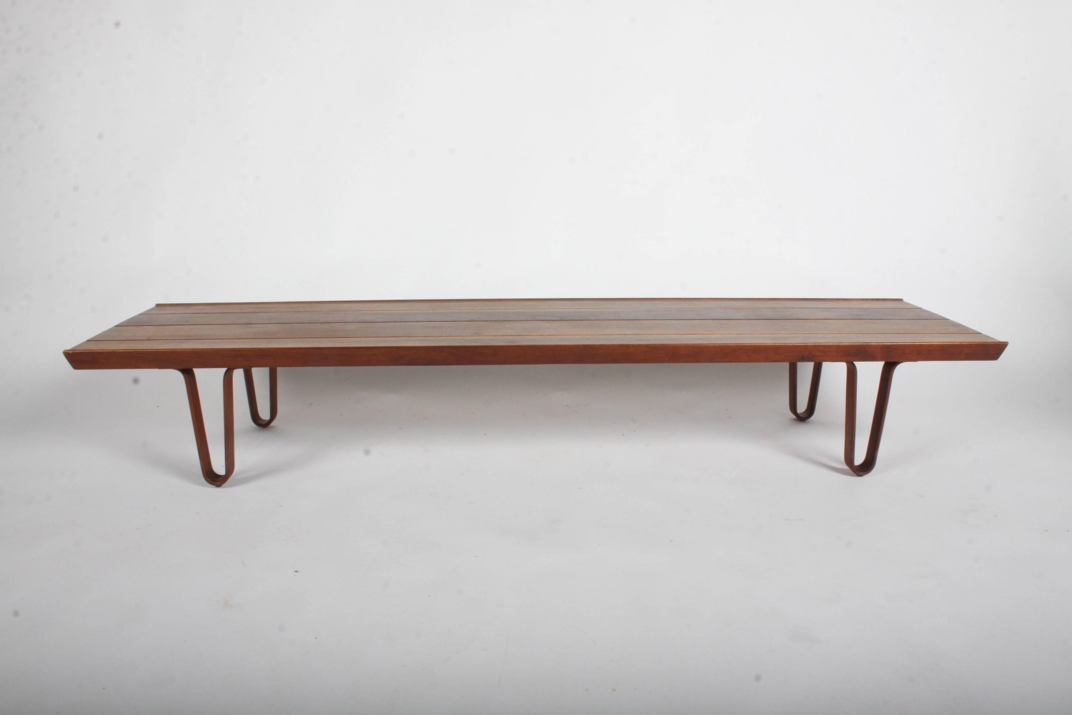 Edward Wormley for Dunbar, beautiful sap walnut long John bench or coffee table on bentwood legs. Original oiled finish, retains brass Dunbar tag. Very nice original condition, few minor blemishes. Can be used as a bench with cushions or coffee