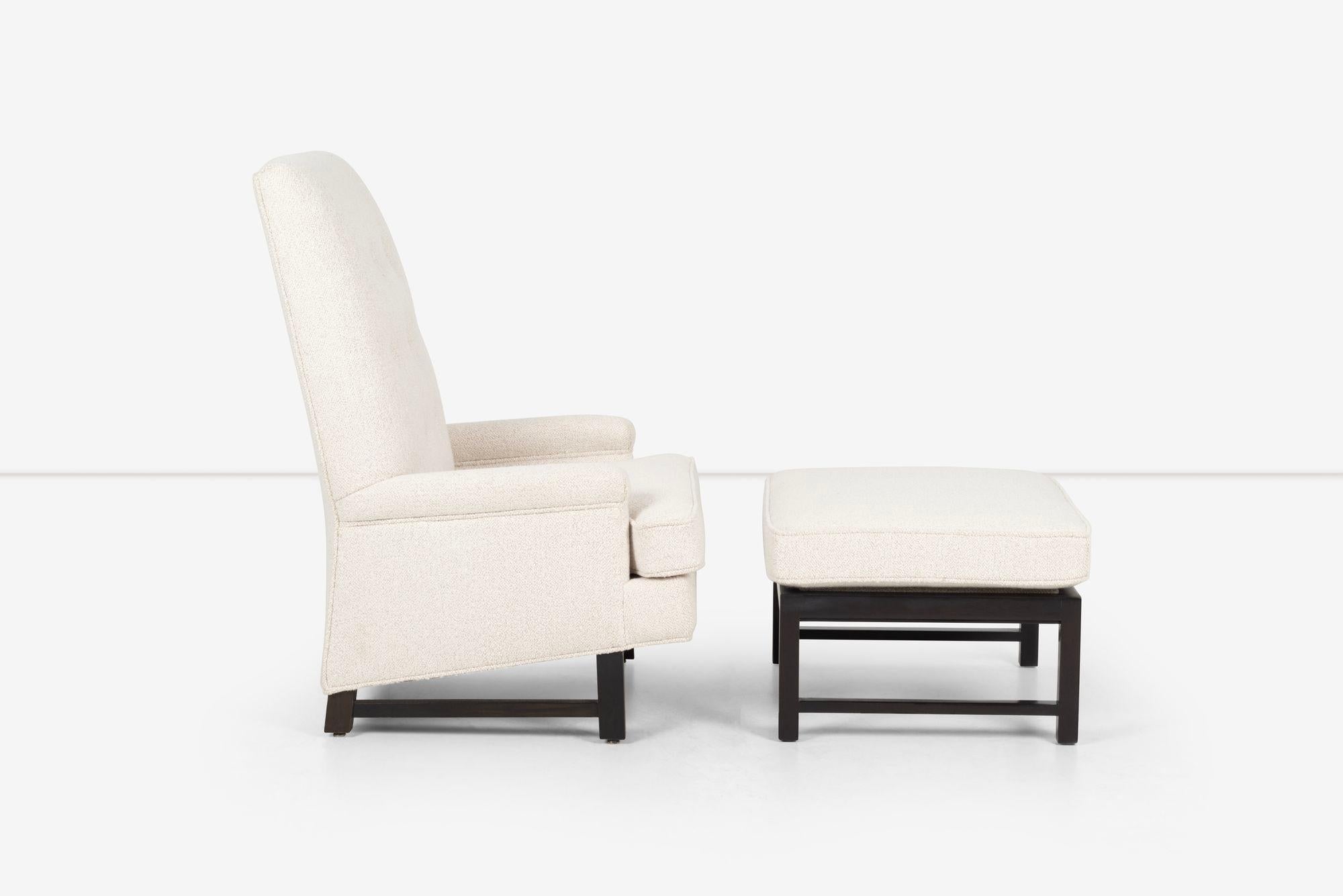 Edward Wormley for Dunbar lounge chair and ottoman, high-back lounge features tufted buttons with solid walnut legs, reupholstered with Great Plains nubby cotton fabric.
Gold 