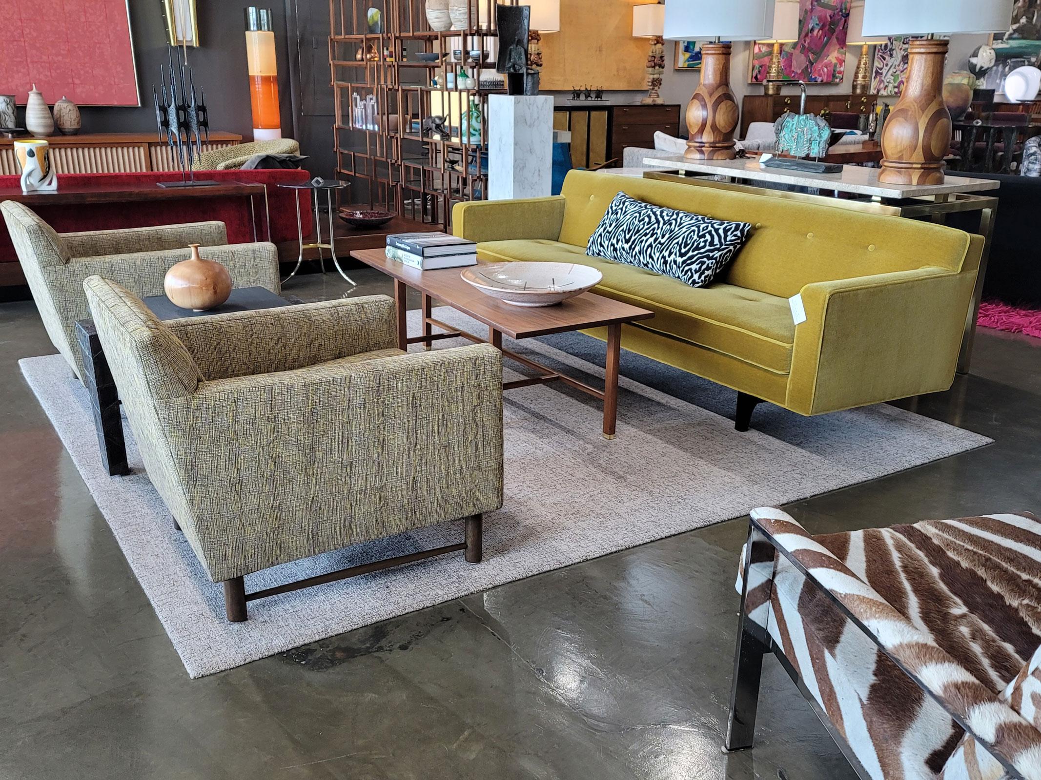 We love these gorgeous chairs by Edward Wormely for Dunbar. A hard to find pair ! They are super comfortable and a kidney or pillow can be added if desired (we have enough fabric). We have done these in a high-end French fabric. The chairs pair