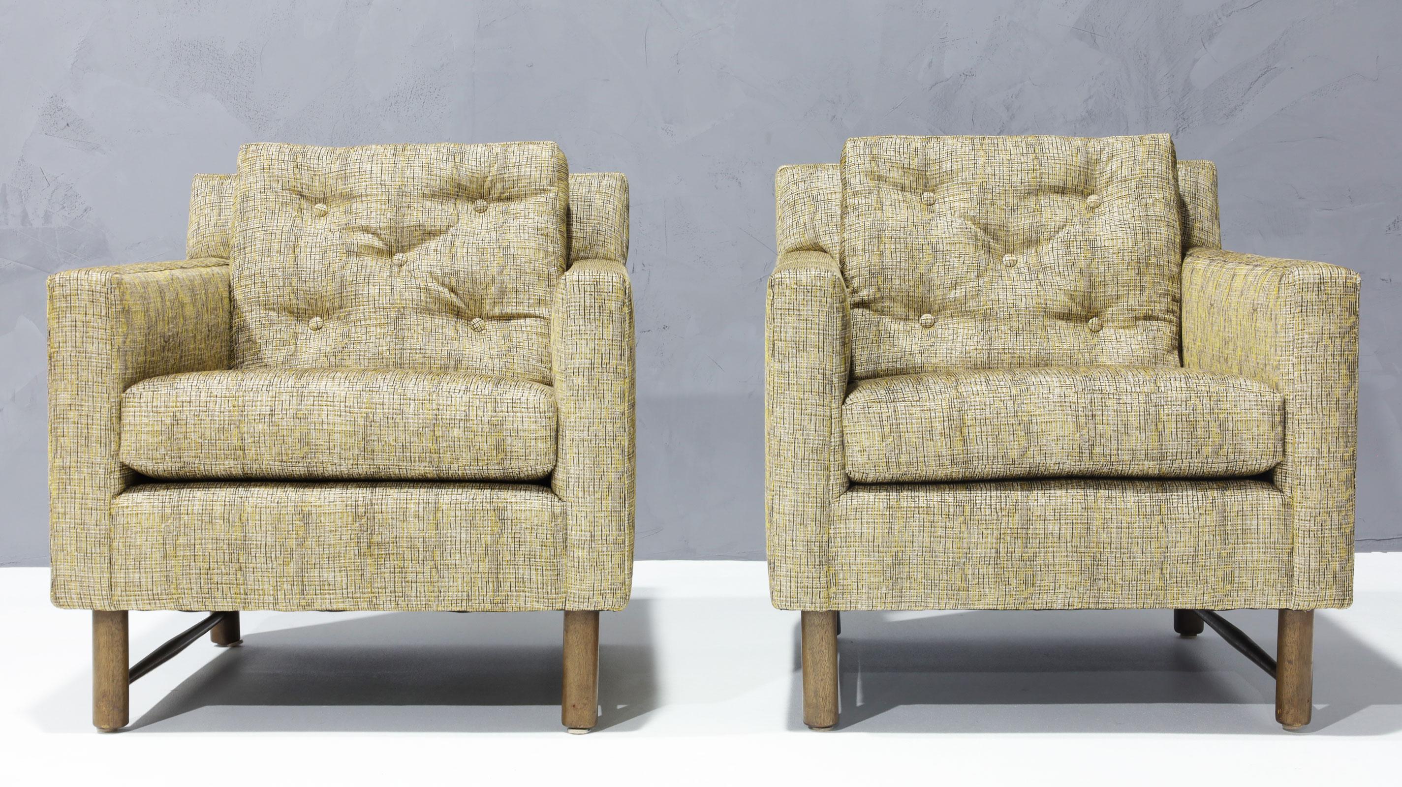 We love these gorgeous chairs by Edward Wormely for Dunbar. A hard to find pair ! They are super comfortable. We have done these in a high-end French fabric. The chairs pair beautifully with the Dunbar mohair sofa seen in the photos. All set and