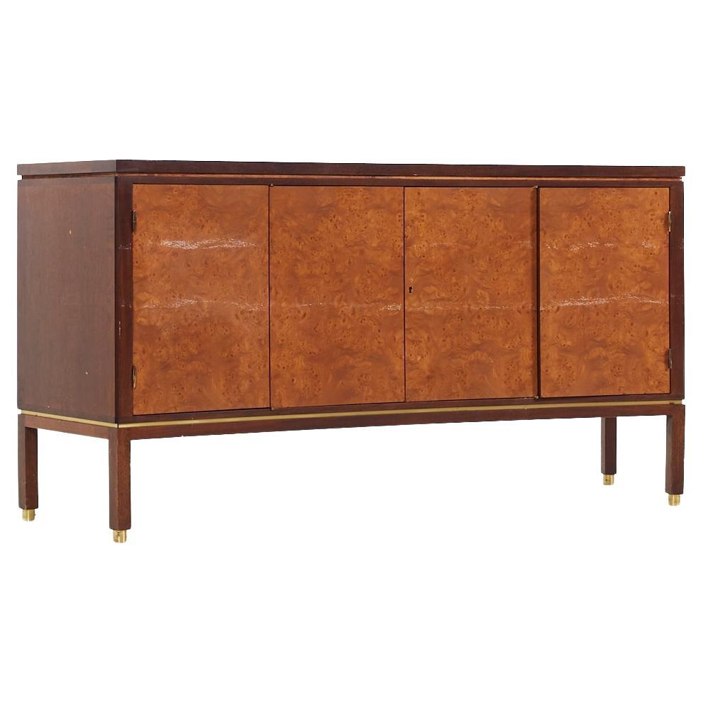 Edward Wormley for Dunbar MCM Curved Front Burlwood, Mahogany and Brass Credenza For Sale