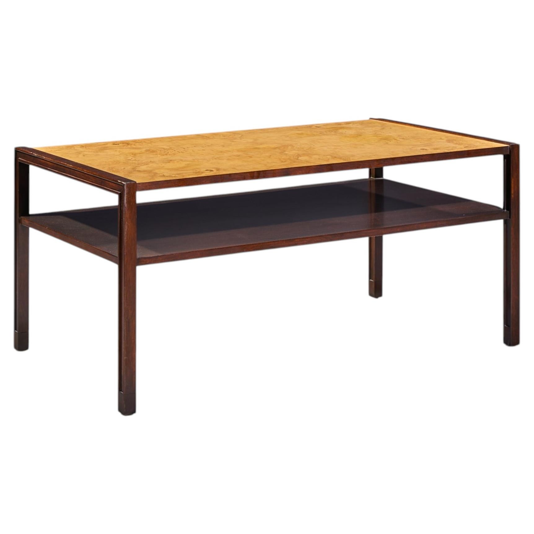 Edward Wormley for Dunbar Mid Century 2-Tier Burlwood and Mahogany Coffee Table