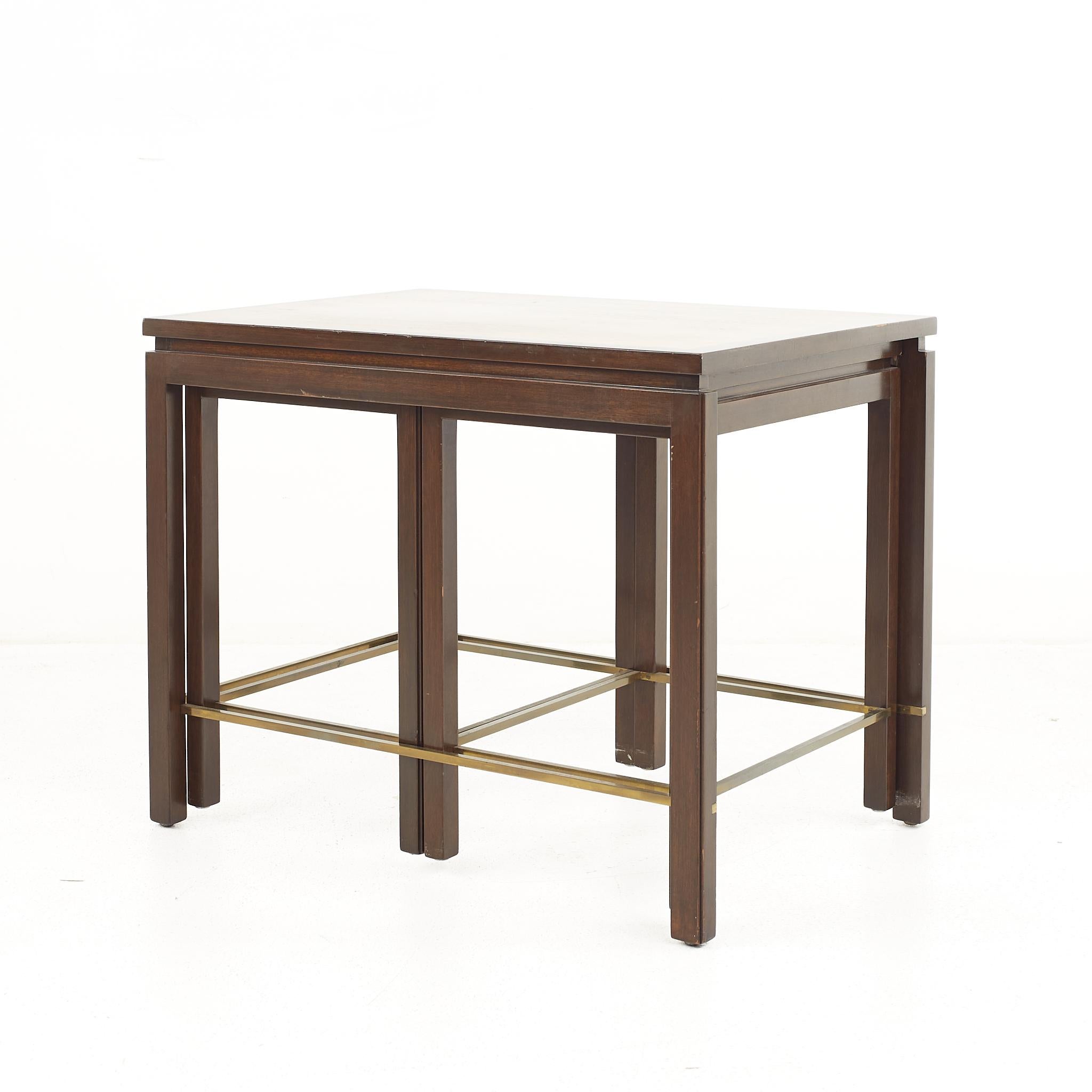 Mid-Century Modern Edward Wormley for Dunbar Mid Century Brass and Mahogany Nesting Table Set For Sale