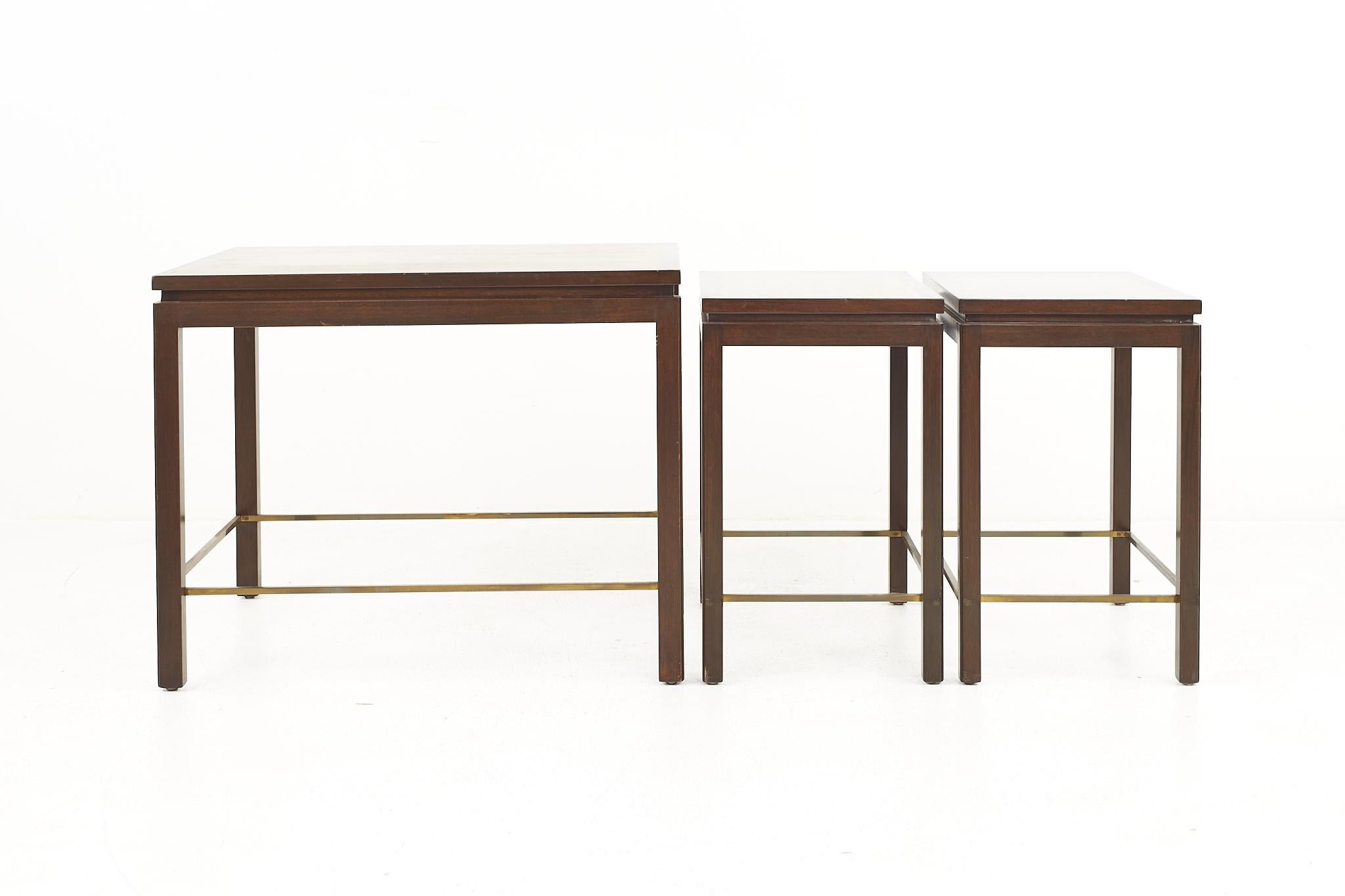 Edward Wormley for Dunbar Mid Century Brass and Mahogany Nesting Table Set For Sale 1