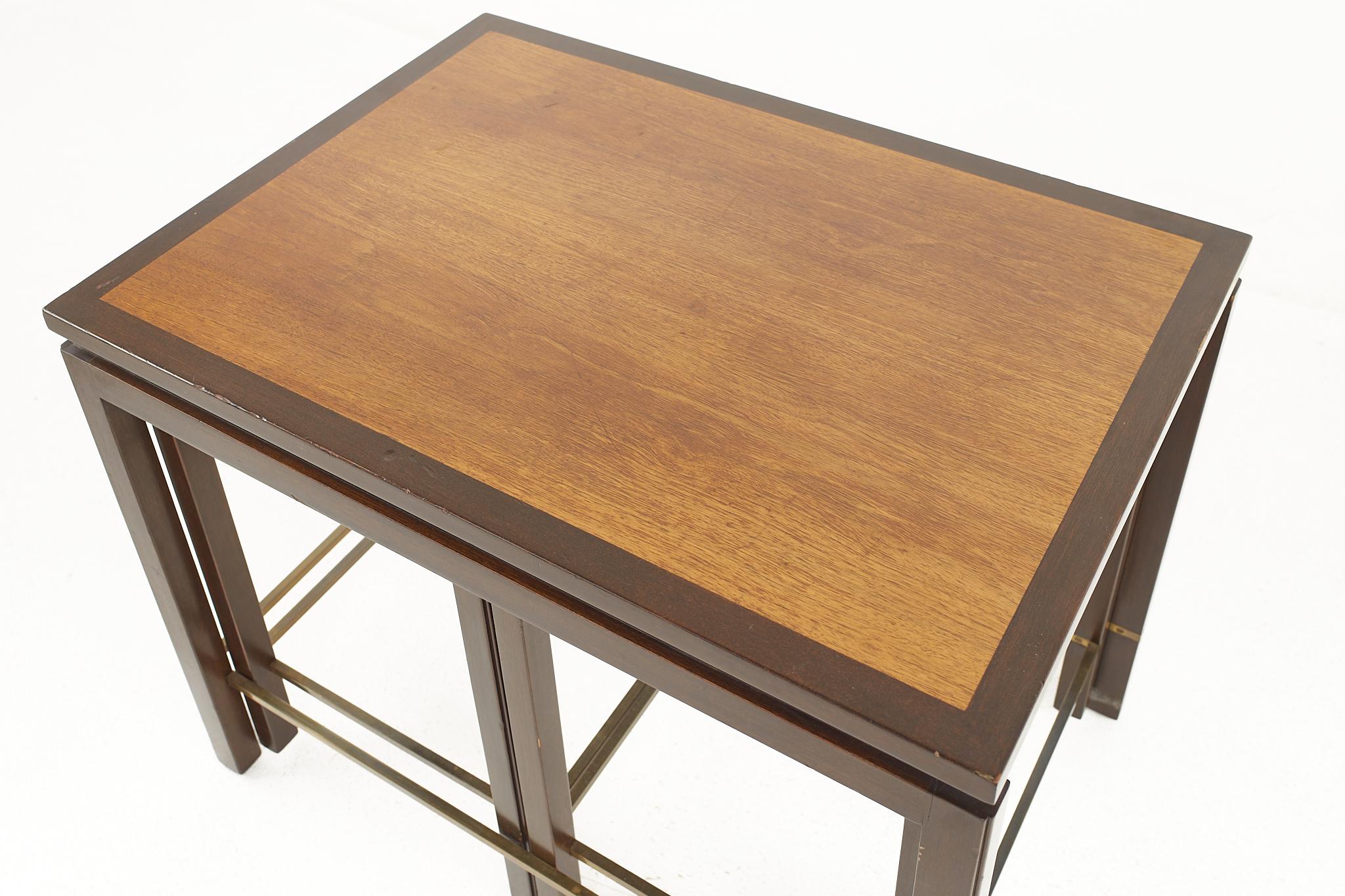 Edward Wormley for Dunbar Mid Century Brass and Mahogany Nesting Table Set For Sale 3