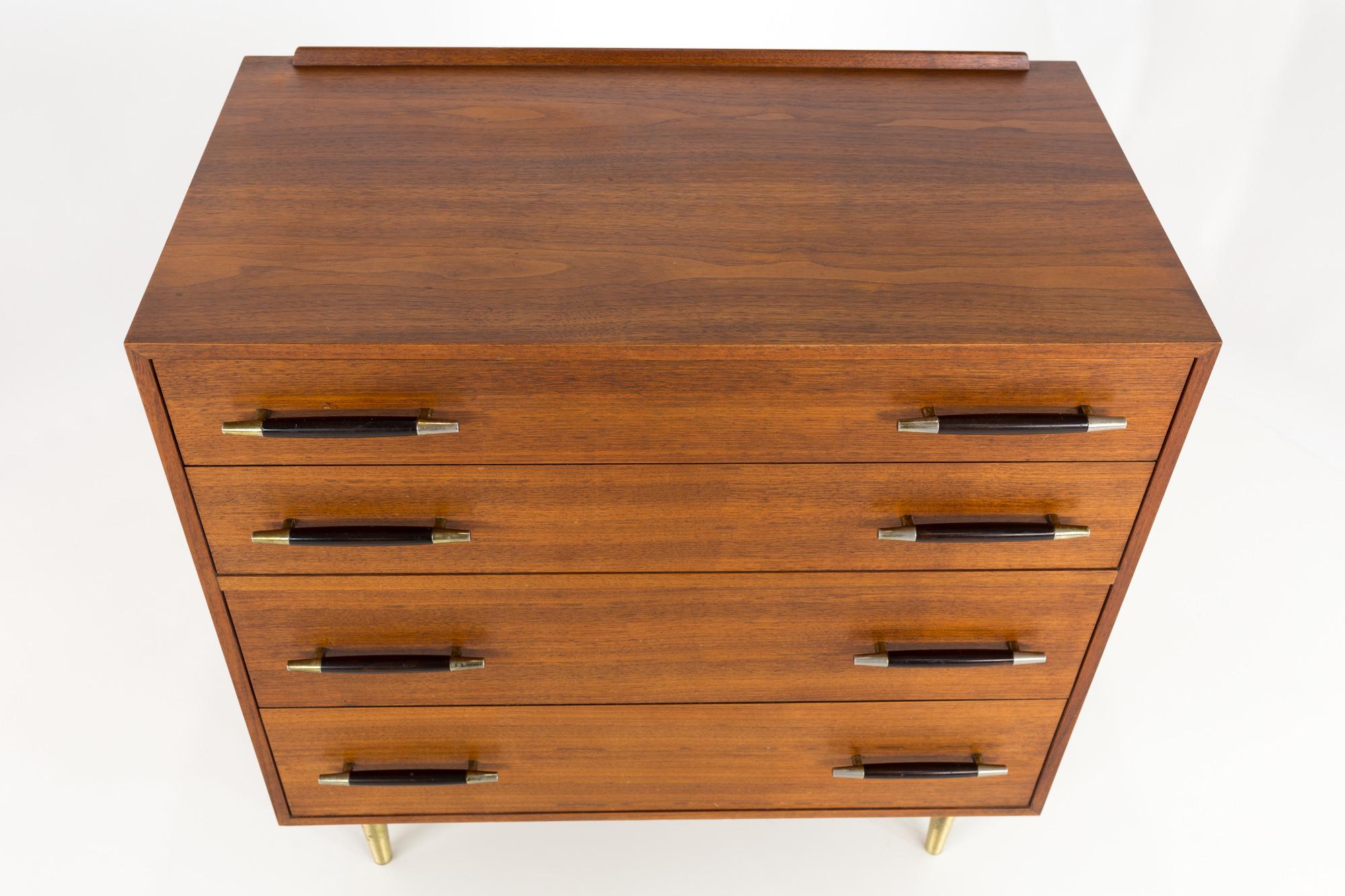 Edward Wormley for Dunbar Midcentury Brass and Walnut 4-Drawer Lowboy Dresser In Excellent Condition In Countryside, IL