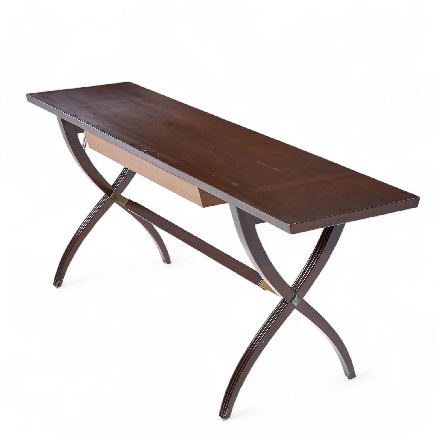 Edward Wormley for Dunbar Mid Century Brass, Walnut and Mahogany Console Table For Sale 4