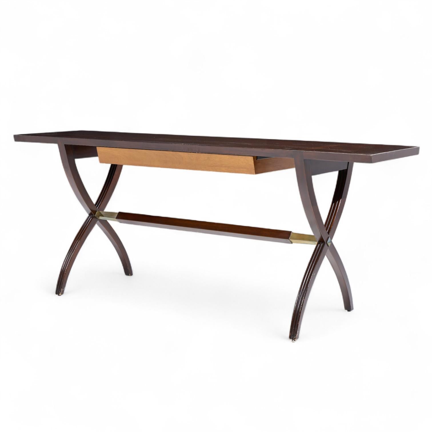 Mid-Century Modern Edward Wormley for Dunbar Mid Century Brass, Walnut and Mahogany Console Table For Sale