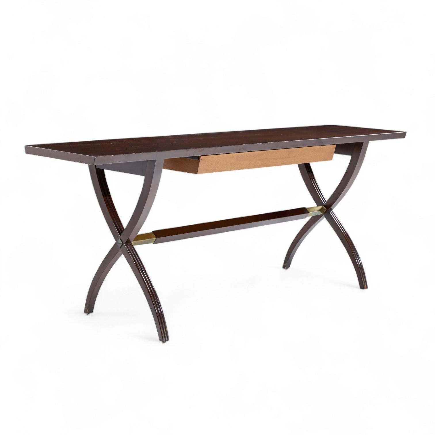 20th Century Edward Wormley for Dunbar Mid Century Brass, Walnut and Mahogany Console Table For Sale