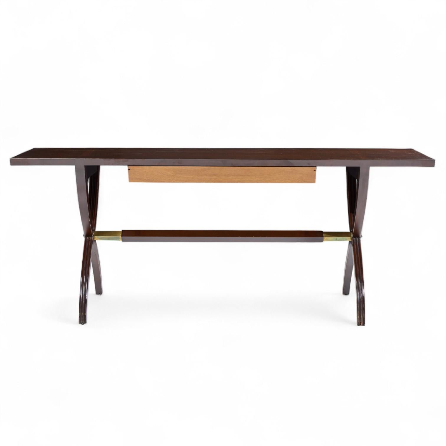 Edward Wormley for Dunbar Mid Century Brass, Walnut and Mahogany Console Table For Sale 1