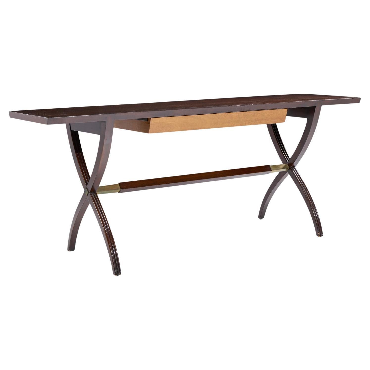 Edward Wormley for Dunbar Mid Century Brass, Walnut and Mahogany Console Table For Sale