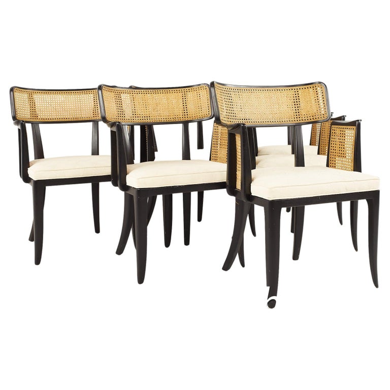 Edward Wormley for Dunbar mid century cane back dining chairs - set of 6 

Each arm chair measures: 25 wide x 21 deep x 34 high, with a seat height of 18 inches and arm height of 27.25 inches

All pieces of furniture can be had in what we call