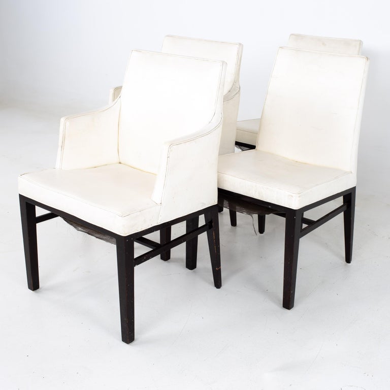 Edward Wormley for Dunbar mid century dining chairs - Set of 4
Each chair measures: 22 wide x 19 deep x 34 high, with a seat height of 18.5 inches and an arm height of 26 inches 

All pieces of furniture can be had in what we call restored