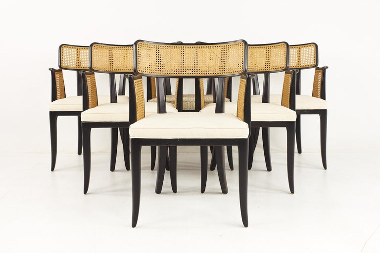 Edward Wormley for Dunbar mid century cane back dining chairs - set of 6

The arm chair measures: 25 wide x 21 deep x 34 high, with a seat height of 18 inches and arm height of 27.25 inches

Each side chairs measure: 22 wide x 20 deep x 34 high,