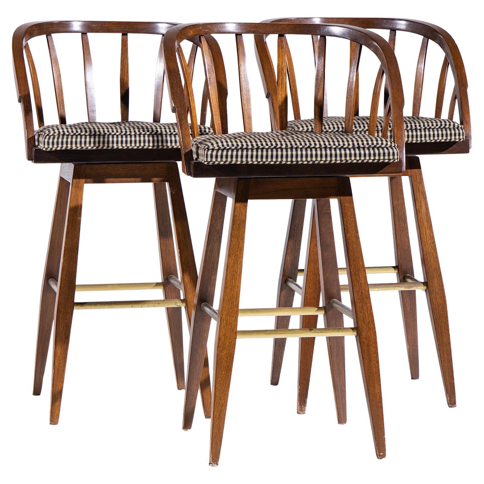 Edward Wormley for Dunbar Mid Century Mahogany and Brass Barstools - Set of 3 For Sale