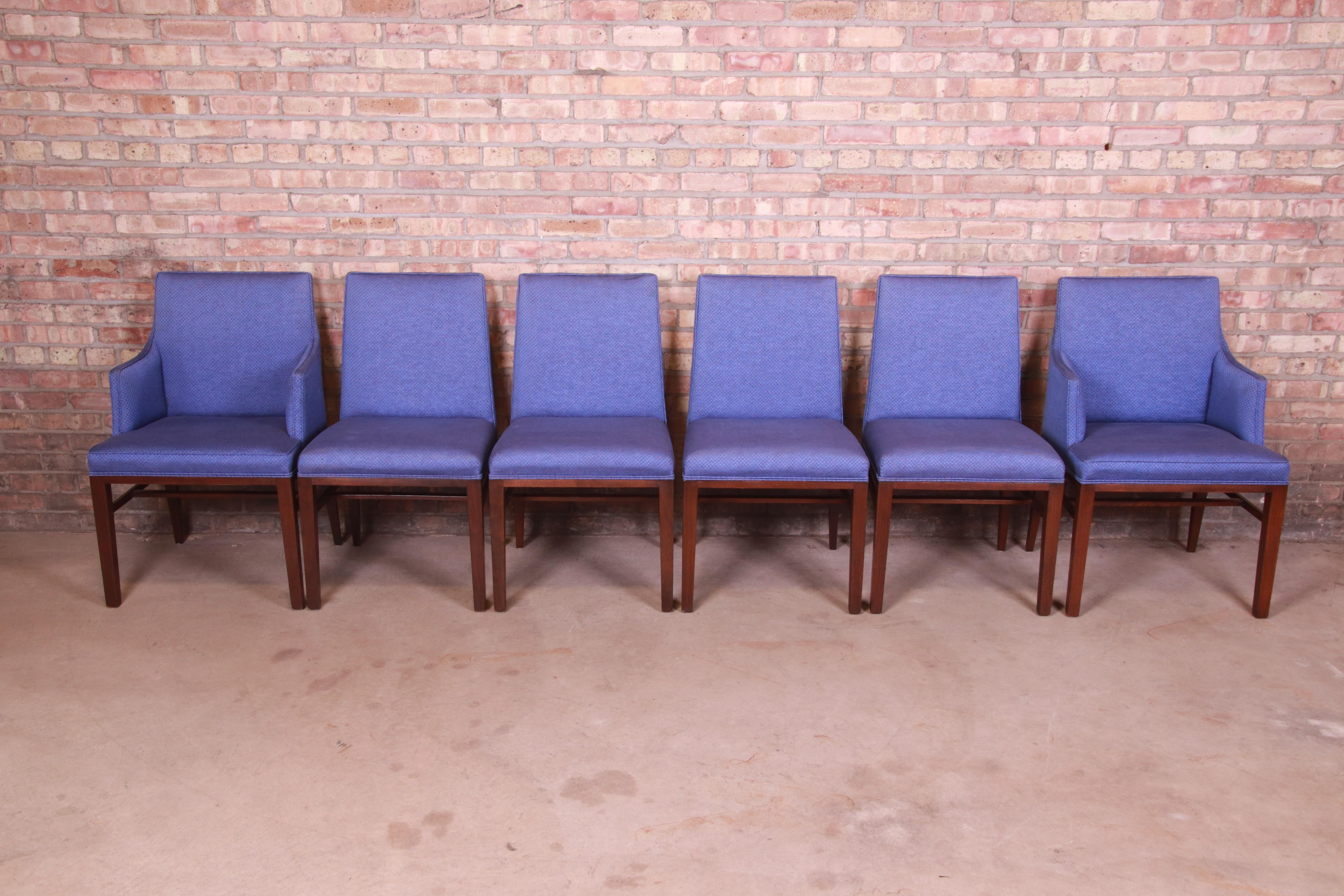 A gorgeous set of six Mid-Century Modern dining chairs

By Edward Wormley for Dunbar Furniture

USA, 1950s

Solid walnut frames, with checkered blue upholstery.

Measures:
Side chairs - 20