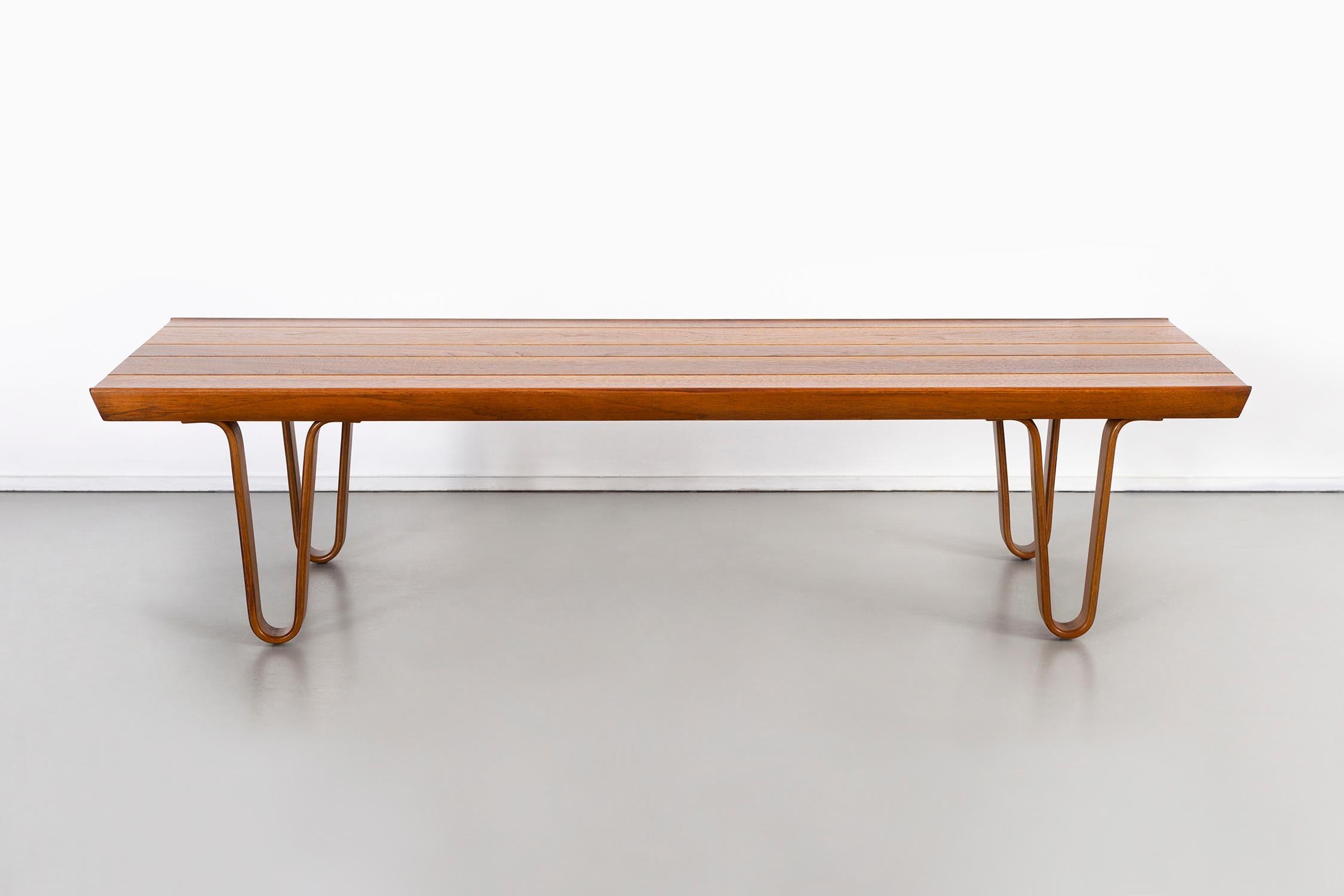 Rare 4 ft version of Long John bench 

Can be used as bench or coffee table

Designed by Edward Wormley for Dunbar

USA, circa 1950s.

Walnut freshly restored 

Measures: 11 ½” H x 48” W x 19 1/8” D.