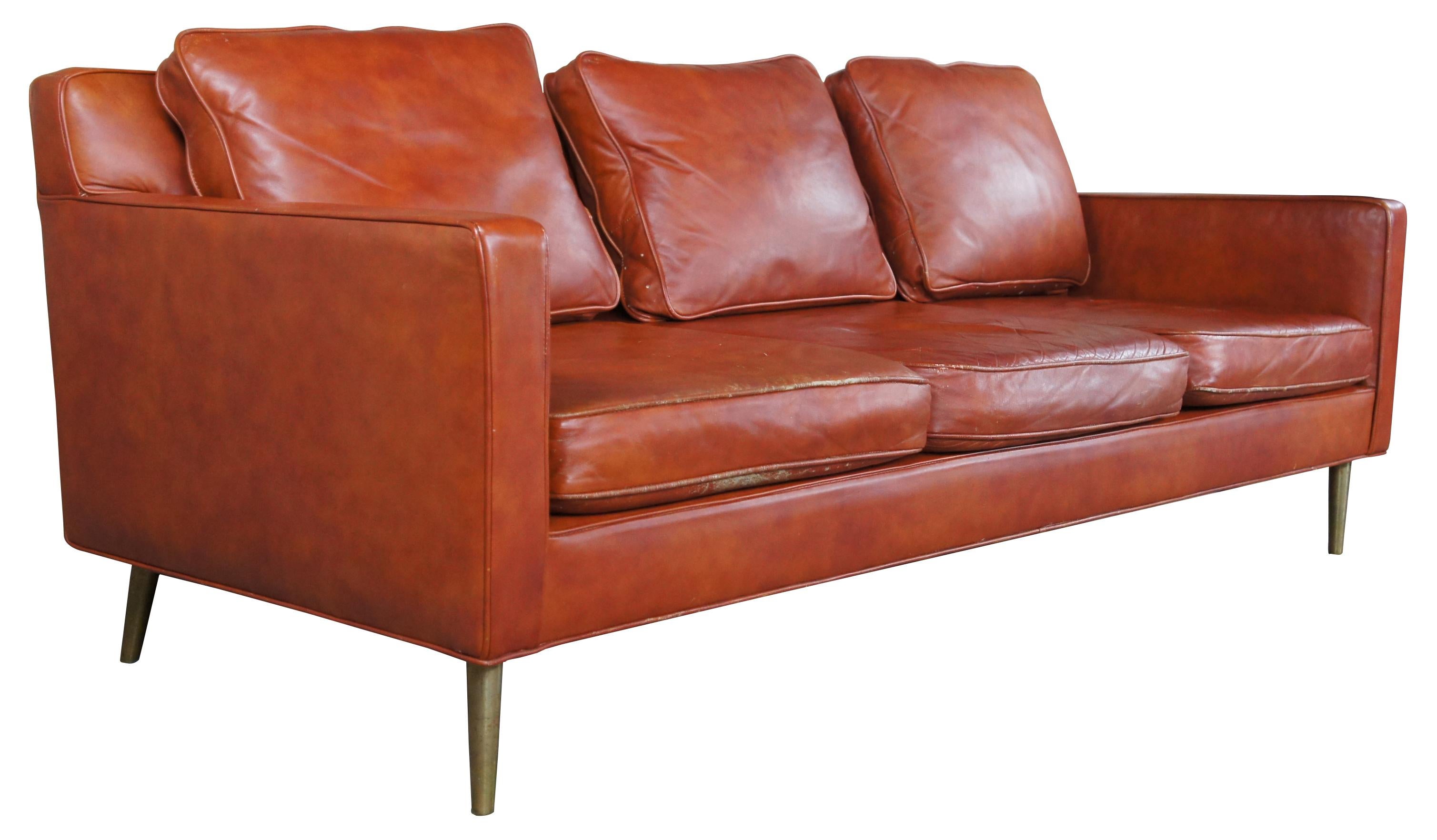 Edward Wormley for Dunbar Mid-Century Modern Leather 3 Seater Cognac Sofa MCM In Good Condition In Dayton, OH